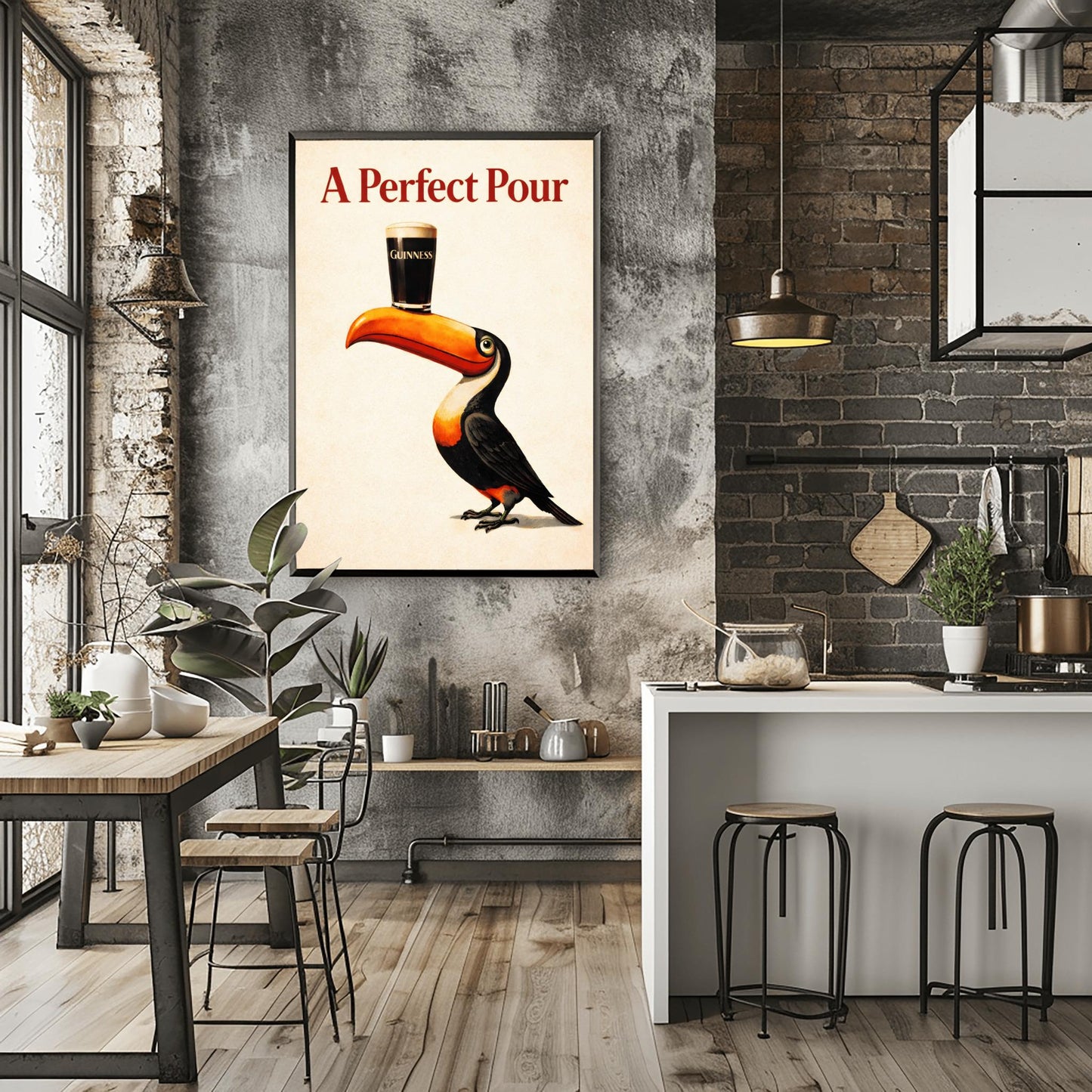 A vertical minimalist vintage-style poster. A colorful toucan with a bright orange beak balances a single pint of dark Guinness beer on its bill. The background is a clean, textured cream color. Bold red text at the top reads "A Perfect Pour."
