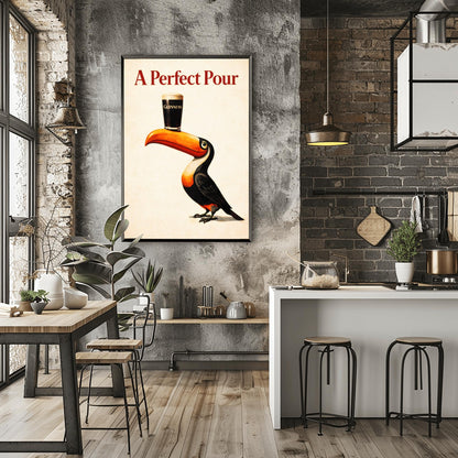 A vertical minimalist vintage-style poster. A colorful toucan with a bright orange beak balances a single pint of dark Guinness beer on its bill. The background is a clean, textured cream color. Bold red text at the top reads "A Perfect Pour."