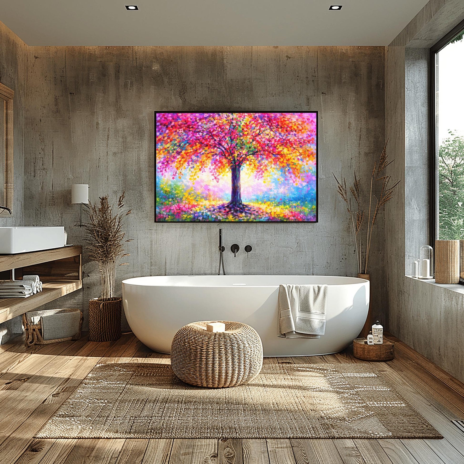 A horizontal landscape painting of a large, vibrant tree. The canopy is a dense, rounded mass of multi-colored leaves in pink, red, orange, yellow, and purple. The center of the tree glows with white and yellow light. The trunk is dark and textured. The tree sits in a soft, impressionist meadow of colorful flowers and mist. The style features thick, visible palette knife strokes.