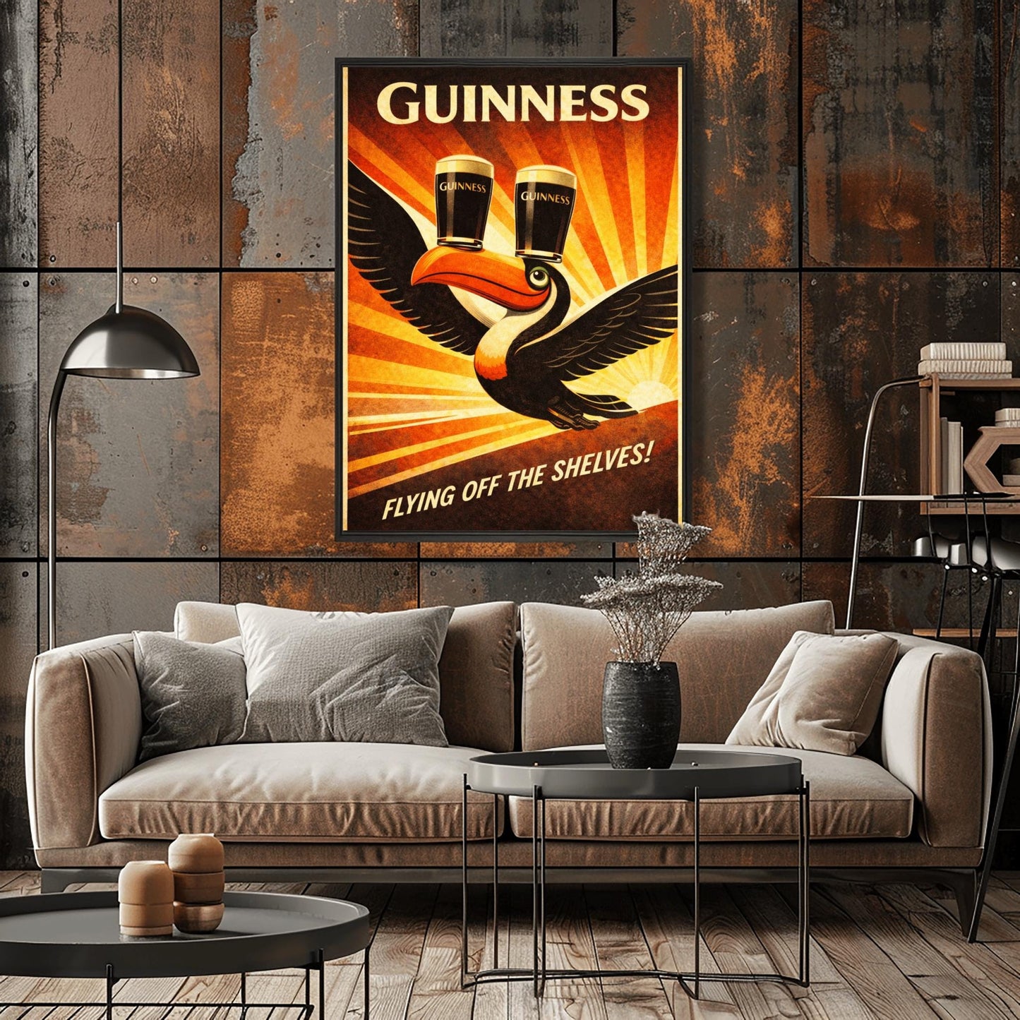A vertical vintage-style advertising poster for Guinness. A toucan flies upward towards the top left, balancing two pints of beer on its beak. A large orange sunburst radiates from the bottom right background. Text at the top reads "GUINNESS" and the bottom reads "FLYING OFF THE SHELVES!"