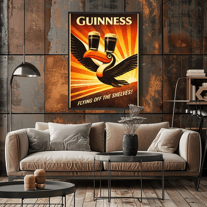 A vertical vintage-style advertising poster for Guinness. A toucan flies upward towards the top left, balancing two pints of beer on its beak. A large orange sunburst radiates from the bottom right background. Text at the top reads "GUINNESS" and the bottom reads "FLYING OFF THE SHELVES!"