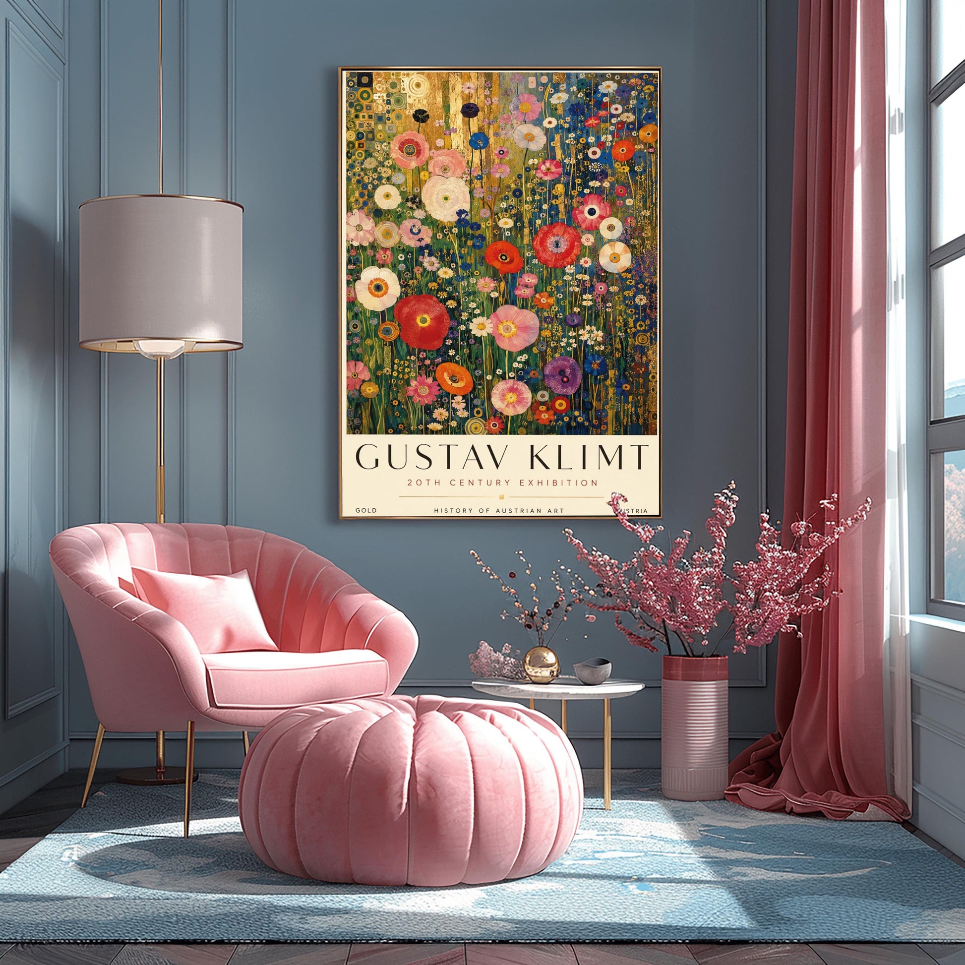 A vertical retro exhibition poster for Gustav Klimt set on a wide ivory border. The central image shows a detailed Art Nouveau illustration of a dense field of tall poppies and wildflowers in shades of red, pink, white, orange, and purple. The background behind the flowers features metallic gold patterns and concentric circles on the left, and a dark blue grid design on the right. The text at the top reads "GUSTAV KLIMT" in a clean black font