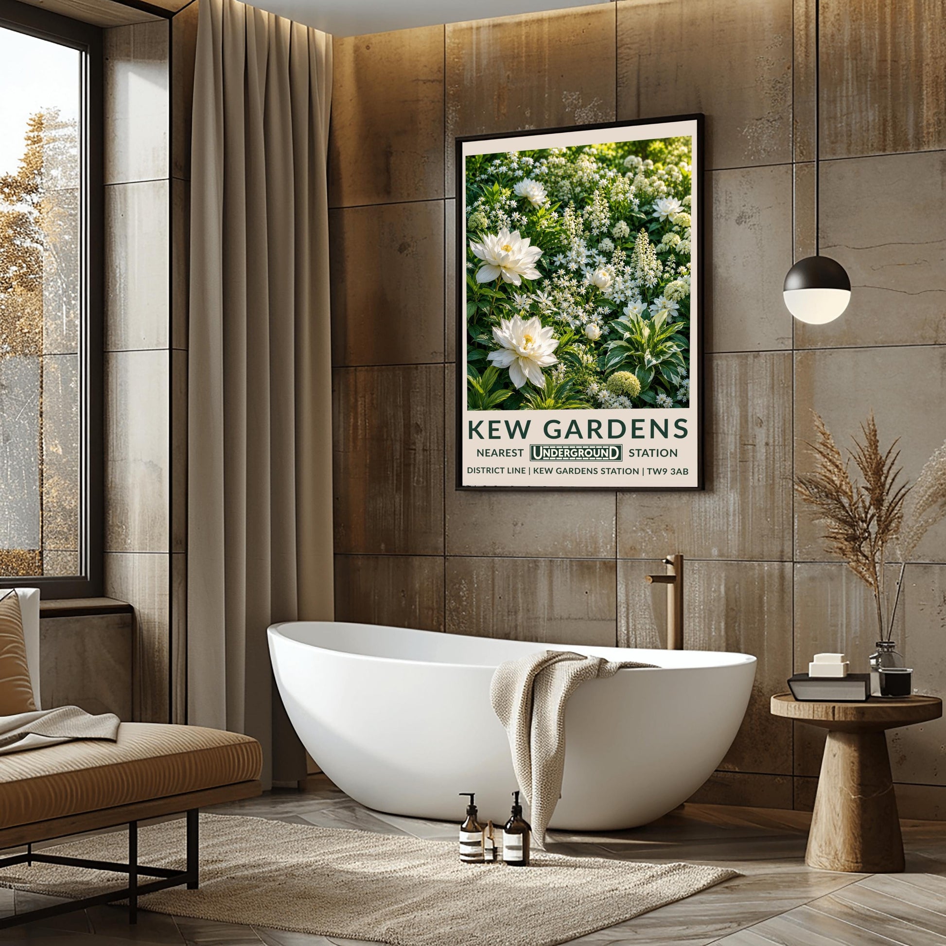 A vertical retro London Underground travel poster for Kew Gardens on a wide cream border. The top image shows a close-up, highly detailed illustration of a dense summer garden border entirely filled with white flowers. Two large, fully bloomed white dahlias with soft yellow centers dominate the lower left side. The background is packed with starry white wildflowers, vertical white flower spires, round chartreuse hydrangeas, and variegated green-and-white leaves.