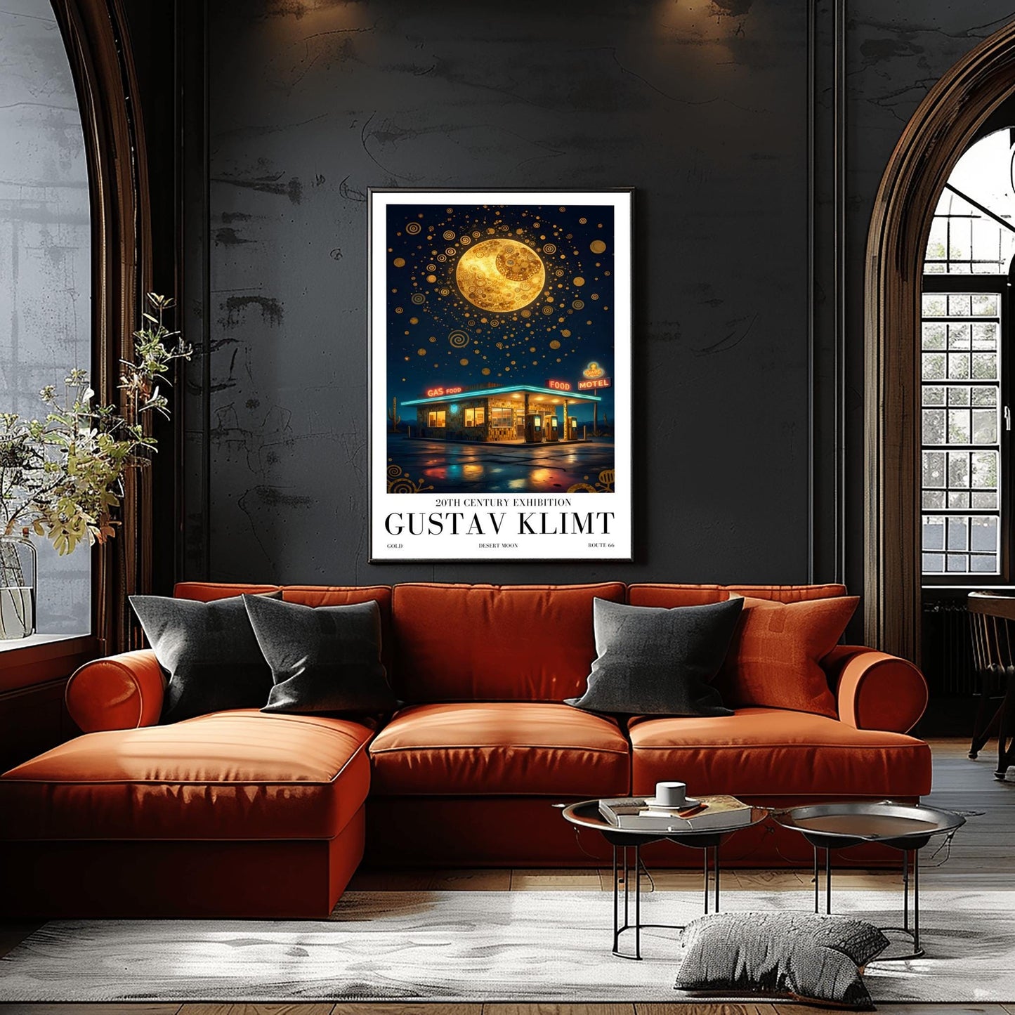 A vertical museum exhibition poster in the style of Gustav Klimt. A retro mid-century gas station and motel with neon signs stand in a desert landscape at night. A massive, ornate golden moon with mosaic patterns fills the top of a sky crowded with golden spirals and symbols. Bold black text at the bottom reads "GUSTAV KLIMT" and "DESERT MOON."