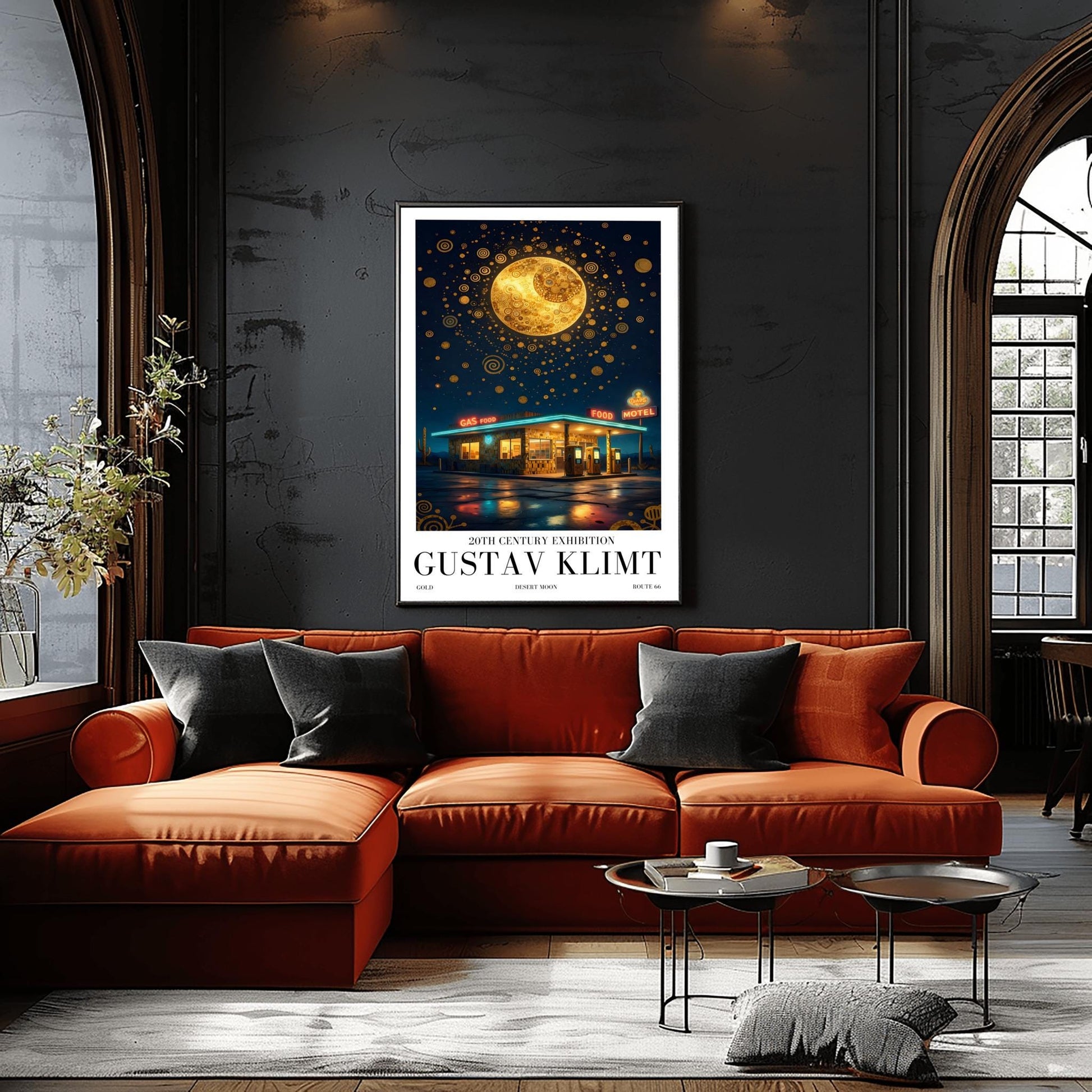 A vertical museum exhibition poster in the style of Gustav Klimt. A retro mid-century gas station and motel with neon signs stand in a desert landscape at night. A massive, ornate golden moon with mosaic patterns fills the top of a sky crowded with golden spirals and symbols. Bold black text at the bottom reads "GUSTAV KLIMT" and "DESERT MOON."