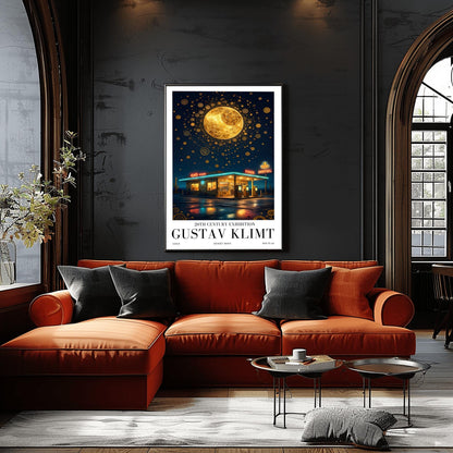 A vertical museum exhibition poster in the style of Gustav Klimt. A retro mid-century gas station and motel with neon signs stand in a desert landscape at night. A massive, ornate golden moon with mosaic patterns fills the top of a sky crowded with golden spirals and symbols. Bold black text at the bottom reads "GUSTAV KLIMT" and "DESERT MOON."