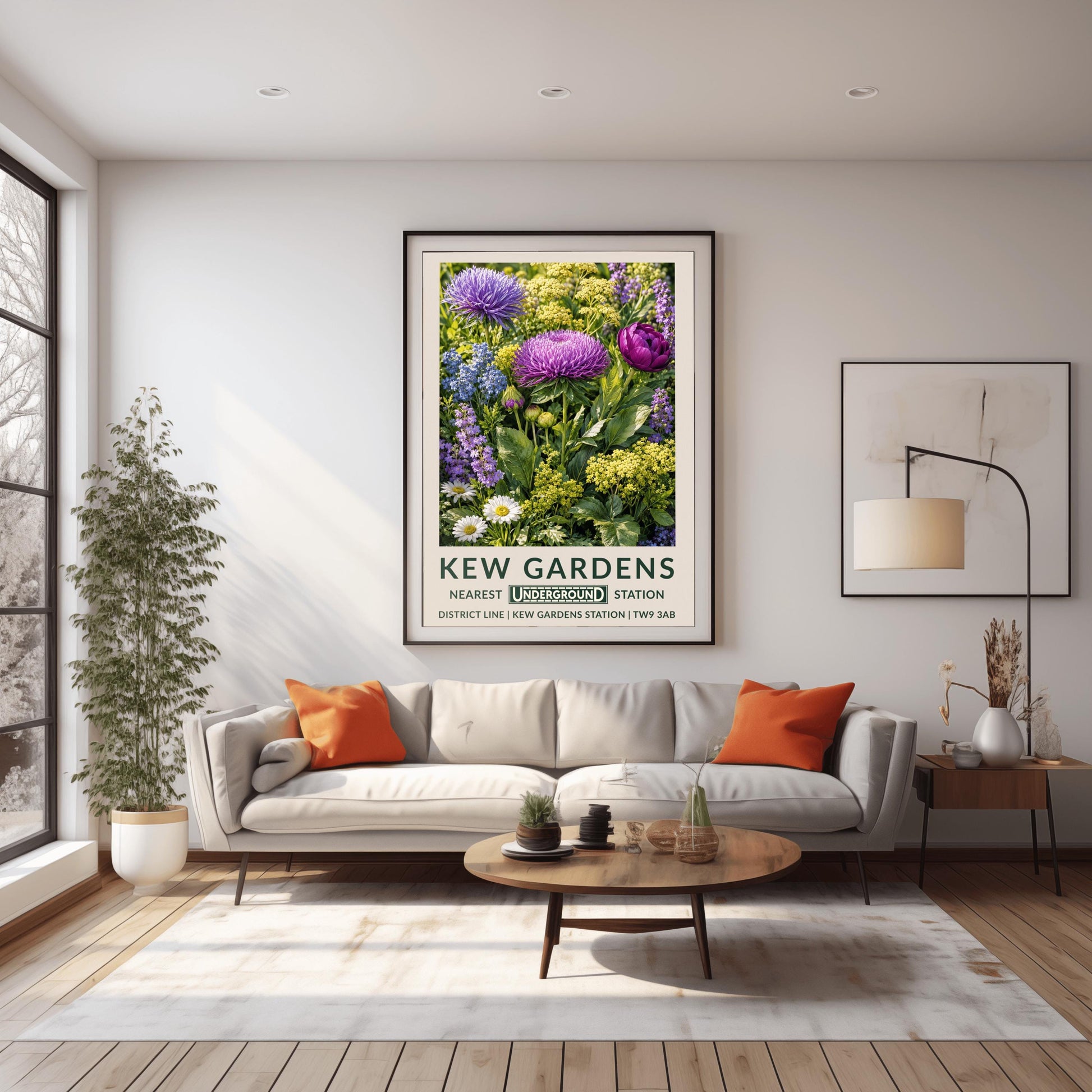 A vertical retro London Underground travel poster for Kew Gardens on a wide cream border. The top image shows a close-up, densely packed botanical illustration of a summer meadow featuring large purple asters, a magenta peony, clusters of tiny yellow dill flowers, blue forget-me-nots, and white daisies surrounded by green leaves. The bottom cream border features the text "KEW GARDENS" in dark green, followed by "NEAREST UNDERGROUND STATION" flanking an authentic boxed Underground logo