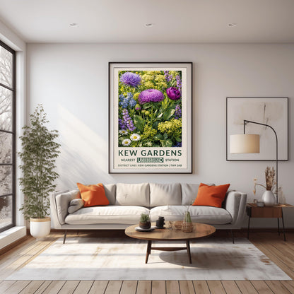 A vertical retro London Underground travel poster for Kew Gardens on a wide cream border. The top image shows a close-up, densely packed botanical illustration of a summer meadow featuring large purple asters, a magenta peony, clusters of tiny yellow dill flowers, blue forget-me-nots, and white daisies surrounded by green leaves. The bottom cream border features the text "KEW GARDENS" in dark green, followed by "NEAREST UNDERGROUND STATION" flanking an authentic boxed Underground logo