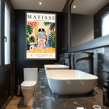 A vertical vintage-style exhibition poster on a cream background titled "MATISSE BERGGRUEN & CIE" in bold black font. The main gouache-style illustration depicts a tricolor black, white, and tan Cavalier King Charles Spaniel sitting on a pink toilet. The dog is holding and reading a blue-and-white French newspaper titled "LE JOURNAL". The bathroom scene includes a roll of toilet paper on a yellow checkered floor, potted monstera and palm plants