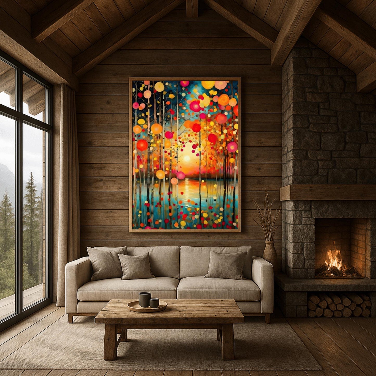A vertical oil painting in the style of Gustav Klimt. Slender birch trees stand in the foreground of a calm turquoise lake. A soft, glowing sun is centered on the horizon, reflecting in the water. The trees are decorated with floating, circular mosaic leaves in vibrant shades of red, orange, and yellow. The style is highly textured with decorative patterns throughout the sky and water.