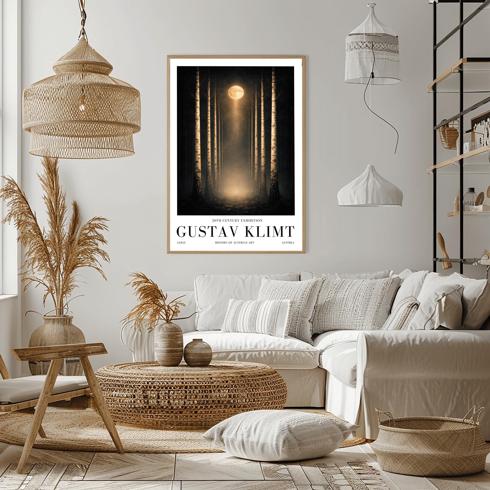 A vertical, perfectly symmetrical illustration of a birch forest at night. Three slender birch trees frame each side of a central path. A golden moon at the top center casts a beam of light downward onto a glowing forest floor. The trees feature intricate golden mosaic bark.