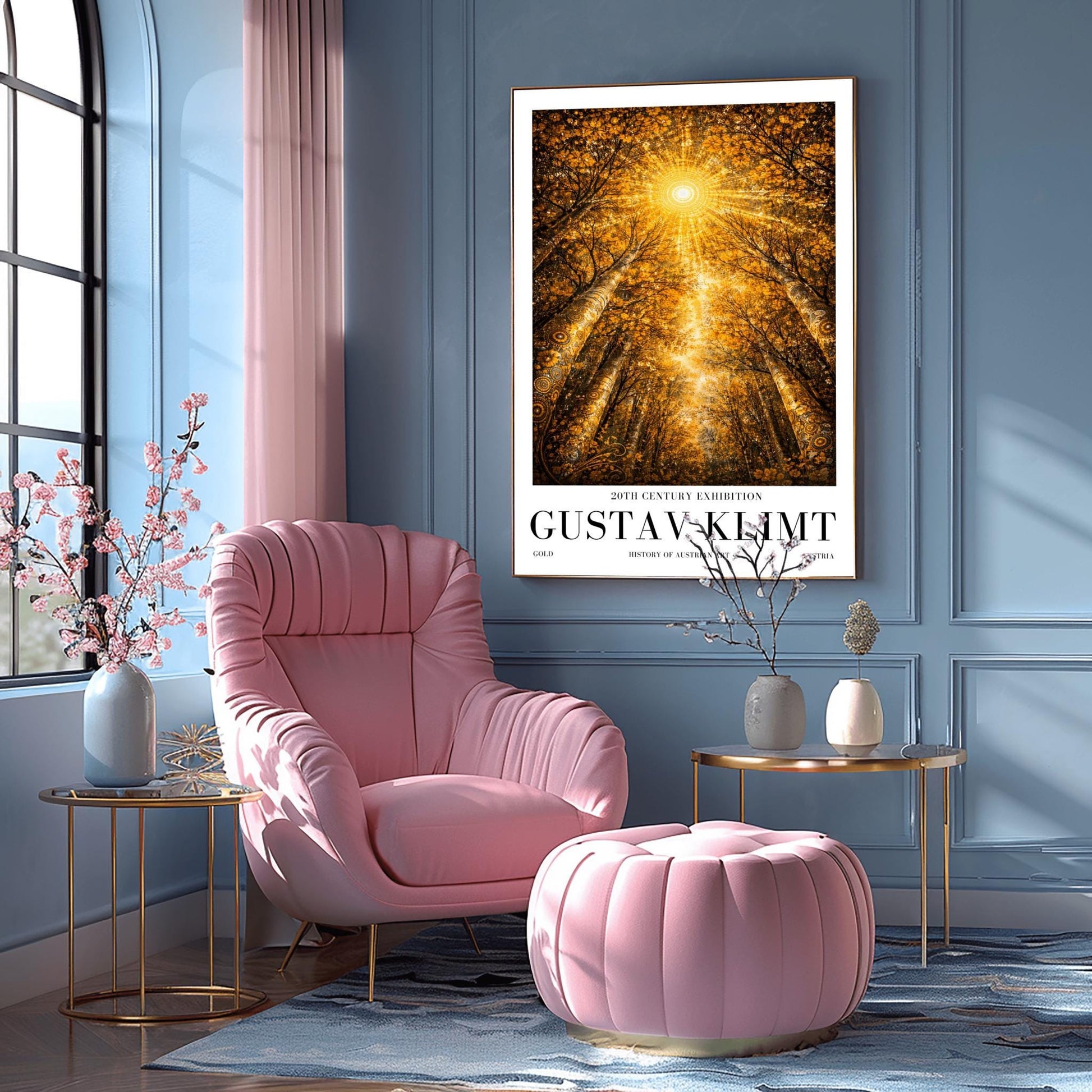 A vertical exhibition poster for Gustav Klimt featuring a view looking up through golden trees toward a radiant sunburst. The trees have intricate mosaic patterns on the bark. Below the artwork, bold black text reads "GUSTAV KLIMT" and "20th Century Exhibition."