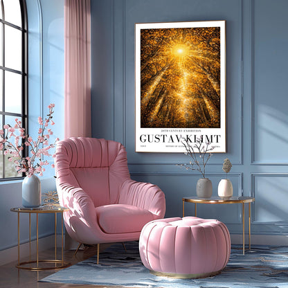 A vertical exhibition poster for Gustav Klimt featuring a view looking up through golden trees toward a radiant sunburst. The trees have intricate mosaic patterns on the bark. Below the artwork, bold black text reads "GUSTAV KLIMT" and "20th Century Exhibition."