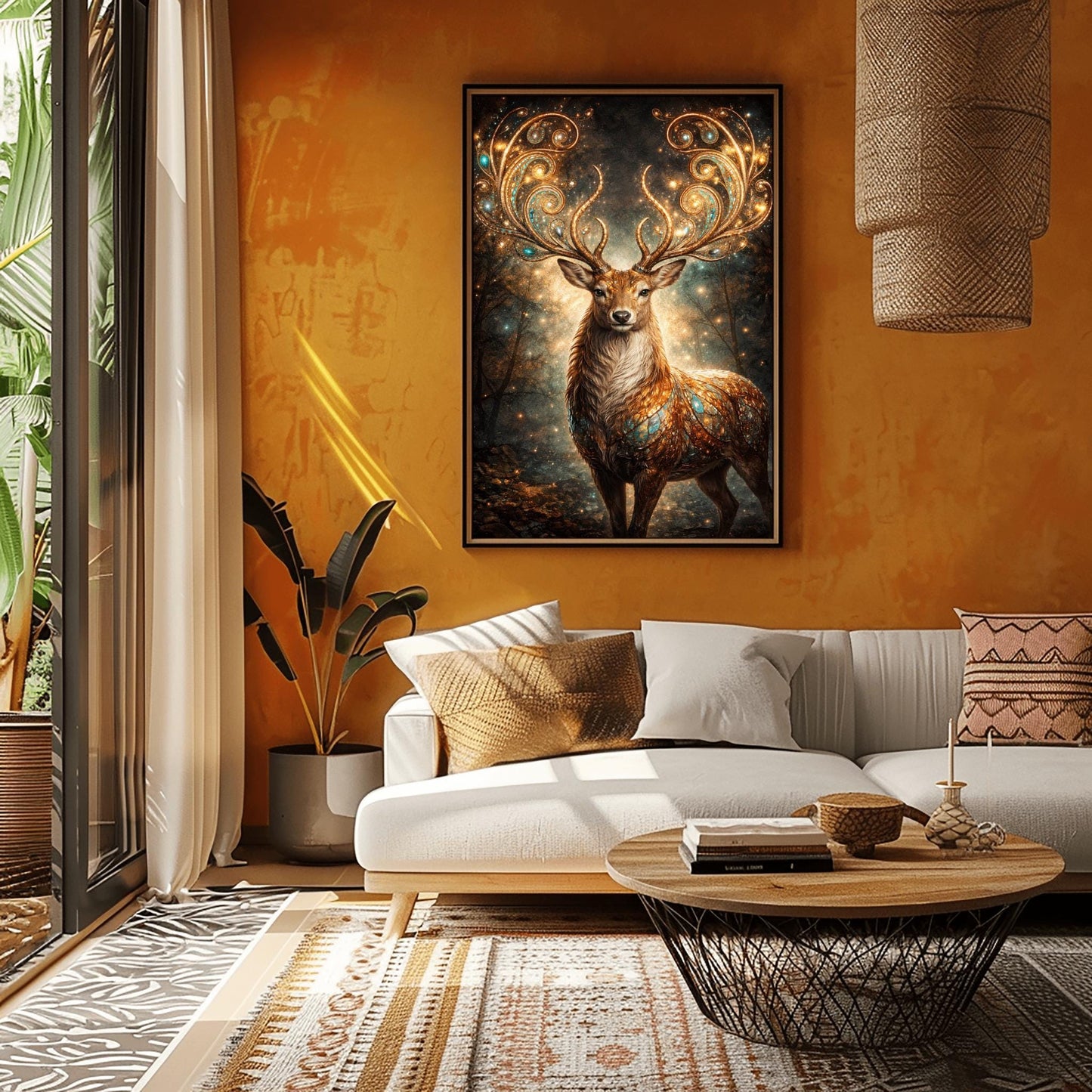 A vertical full-bleed illustration of a stag in the style of Gustav Klimt. The stag has massive, swirling golden antlers decorated with glowing gems. Its body is a mosaic of gold and turquoise. It stands in a misty, dark forest filled with golden sparks and floating embers.