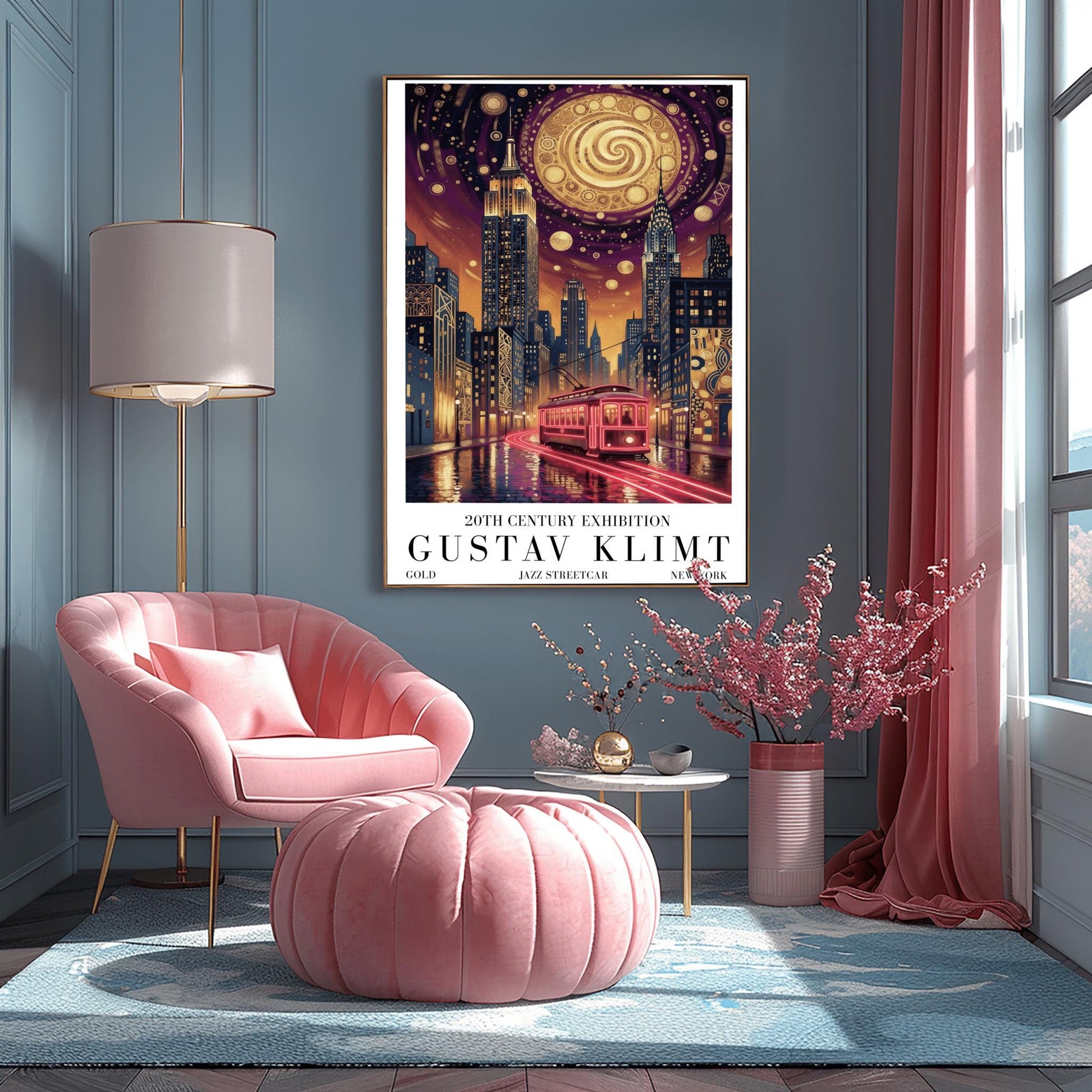 A vertical museum exhibition poster in the style of Gustav Klimt. A glowing red streetcar travels down a New York City street toward the Empire State Building and Chrysler Building at night. The sky is dark purple with a massive golden mosaic moon. Bold black text at the bottom reads "GUSTAV KLIMT" and "JAZZ STREETCAR."