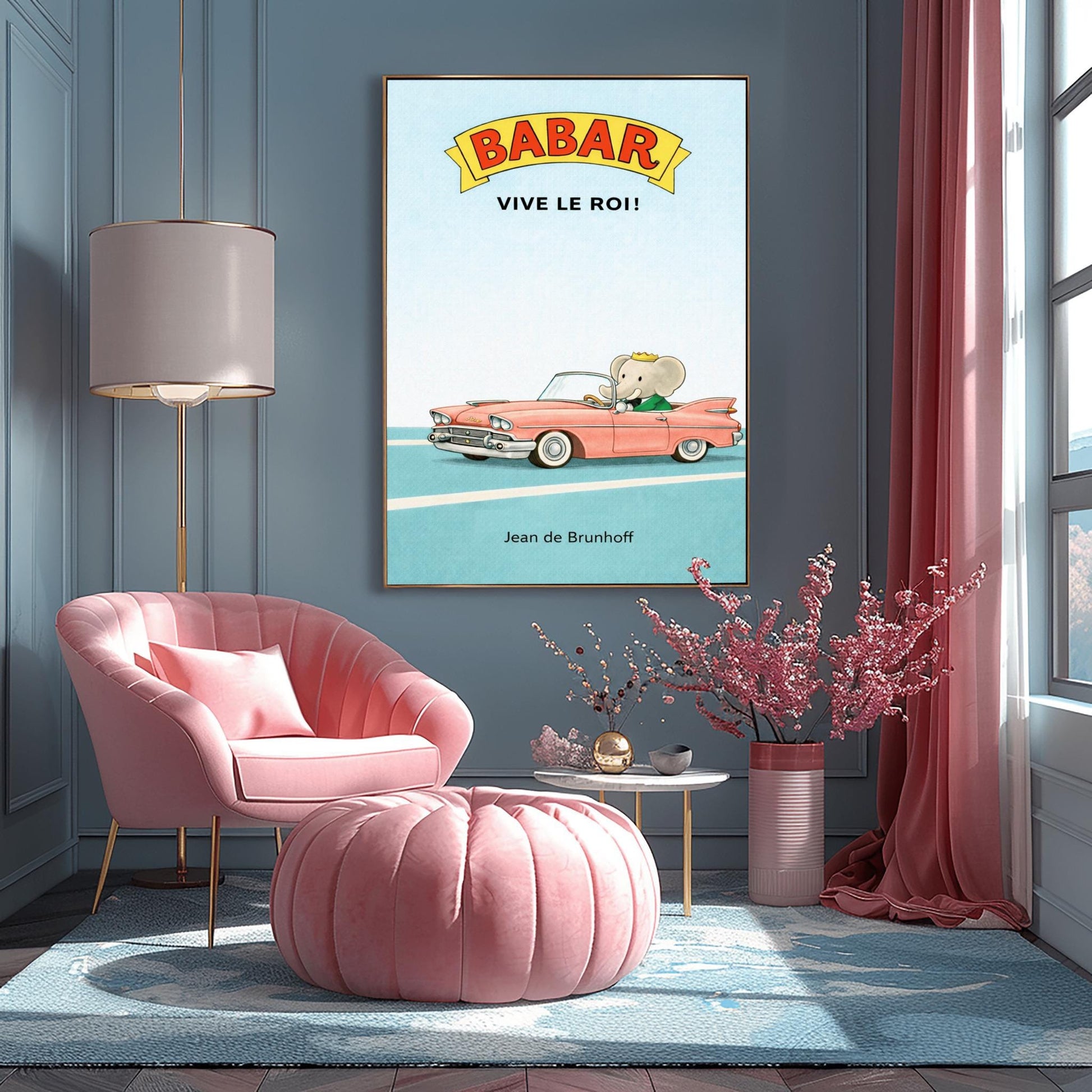 A vertical children's illustration poster. At the top, a yellow banner reads "BABAR" in red letters, with "VIVE LE ROI!" written in black below it. At the bottom, King Babar in a green suit and crown is driving a large, salmon-pink vintage convertible car with white tires. The car is on a simple blue road with white lines, and the background is a solid light blue sky. The name "Jean de Brunhoff" is at the bottom.