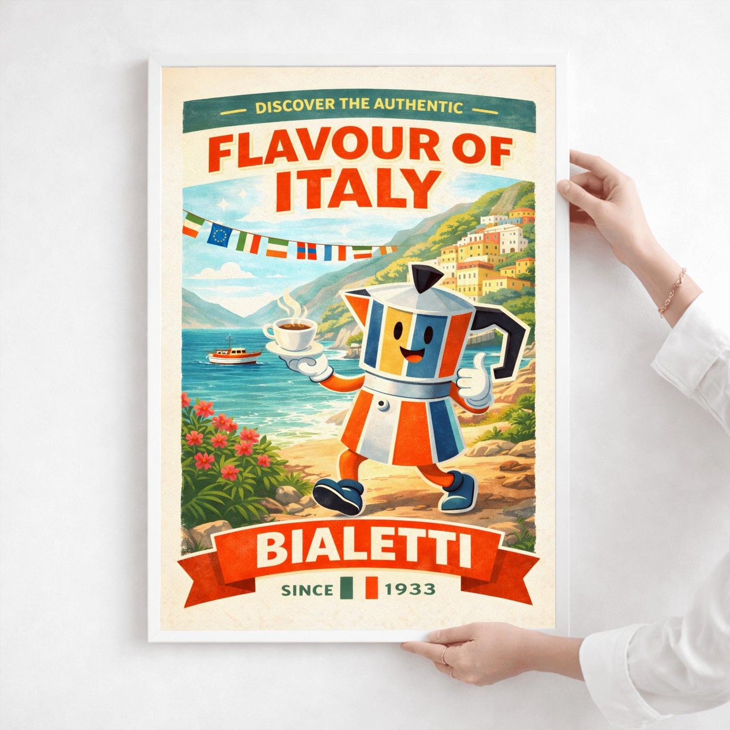 Bialetti Flavour of Italy Poster - Italian Riviera Coffee Art - Retro Moka Pot Mascot Print - Amalfi Coast Kitchen Decor - Whimsical Espresso Bar Wall Art - Vintage Travel Illustration