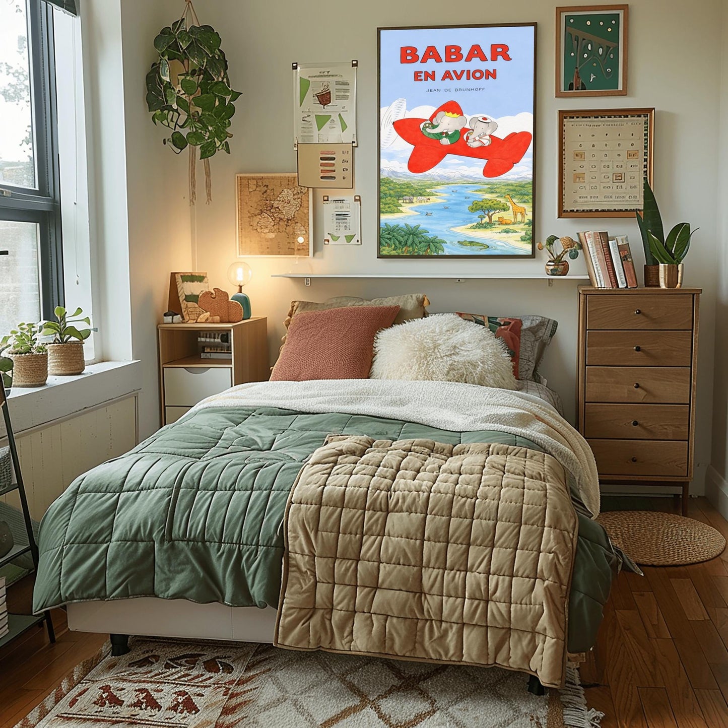 A vertical children's illustration poster titled "BABAR EN AVION" in large red letters. At the center is a bright red propeller plane flying through a blue sky with white clouds. King Babar, in a green suit and crown, and Queen Celeste, in a white sailor-style hat, are sitting in the cockpits. Below them is a winding blue river and a green savanna with a giraffe, a lion, a hippopotamus, and palm trees. The name "Jean de Brunhoff" is at the top.