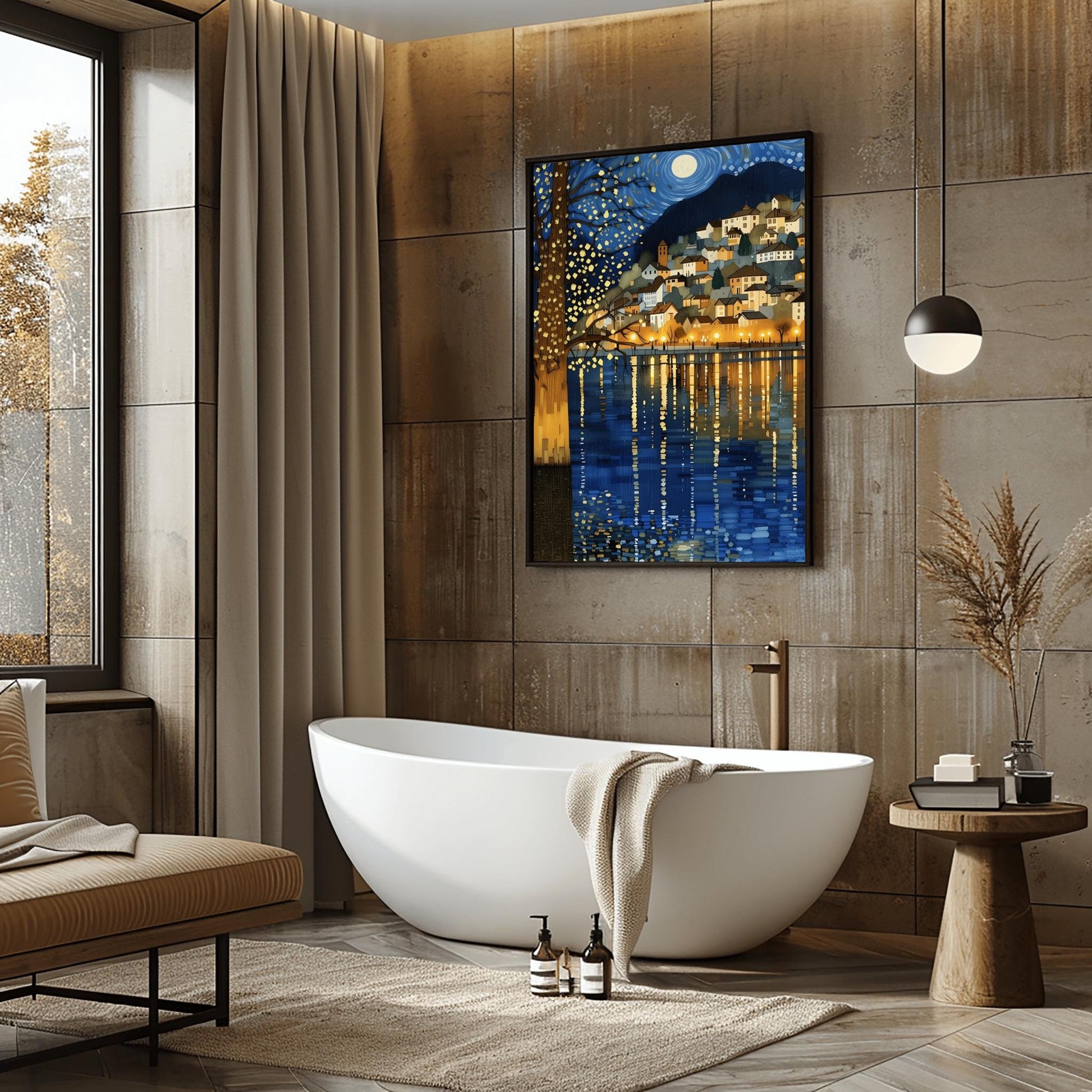A vertical fine art painting in the style of Gustav Klimt. A coastal village with warm-lit houses is nestled on a hillside at night. A large, shimmering tree with gold-textured bark stands in the left foreground. Above, a full moon sits within a swirling blue sky of mosaic stars. The water in the foreground features long, vertical golden reflections of the village lights.