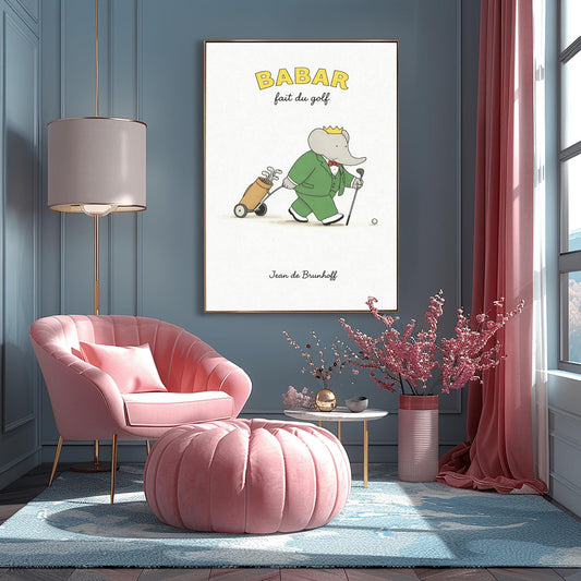 A vertical art print titled "BABAR fait du golf" in yellow letters. A grey elephant, Babar, is wearing a green suit, a red bow tie, and a gold crown. He is walking across a simple beige ground, holding a golf club and pulling a tan golf bag on a small two-wheeled cart. A single golf ball sits on the ground in front of him. The background is a minimalist off-white texture, and "Jean de Brunhoff" is written at the bottom.