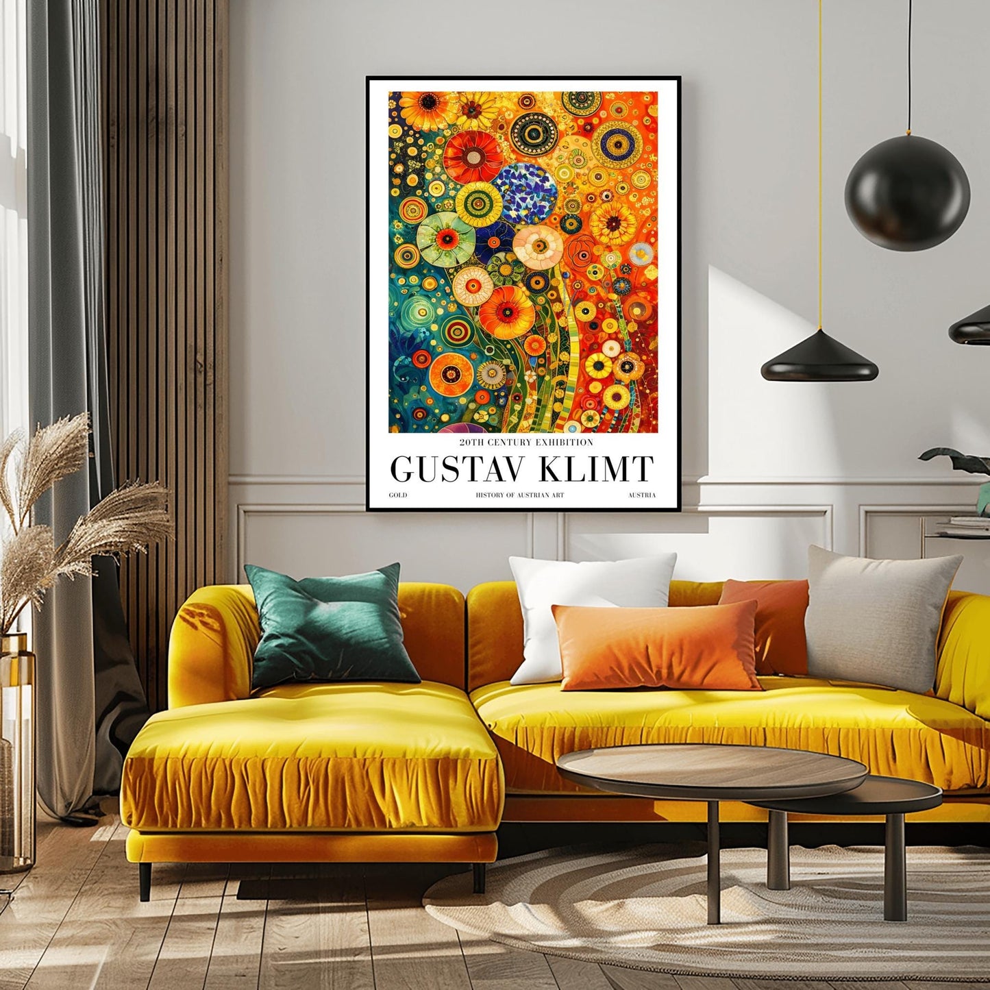 A vertical museum exhibition poster in the style of Gustav Klimt. The central image is a dense, colorful mosaic of stylized flowers in teal, orange, and red. The artwork is surrounded by a white border with bold black text that reads "GUSTAV KLIMT" and "20TH CENTURY EXHIBITION."