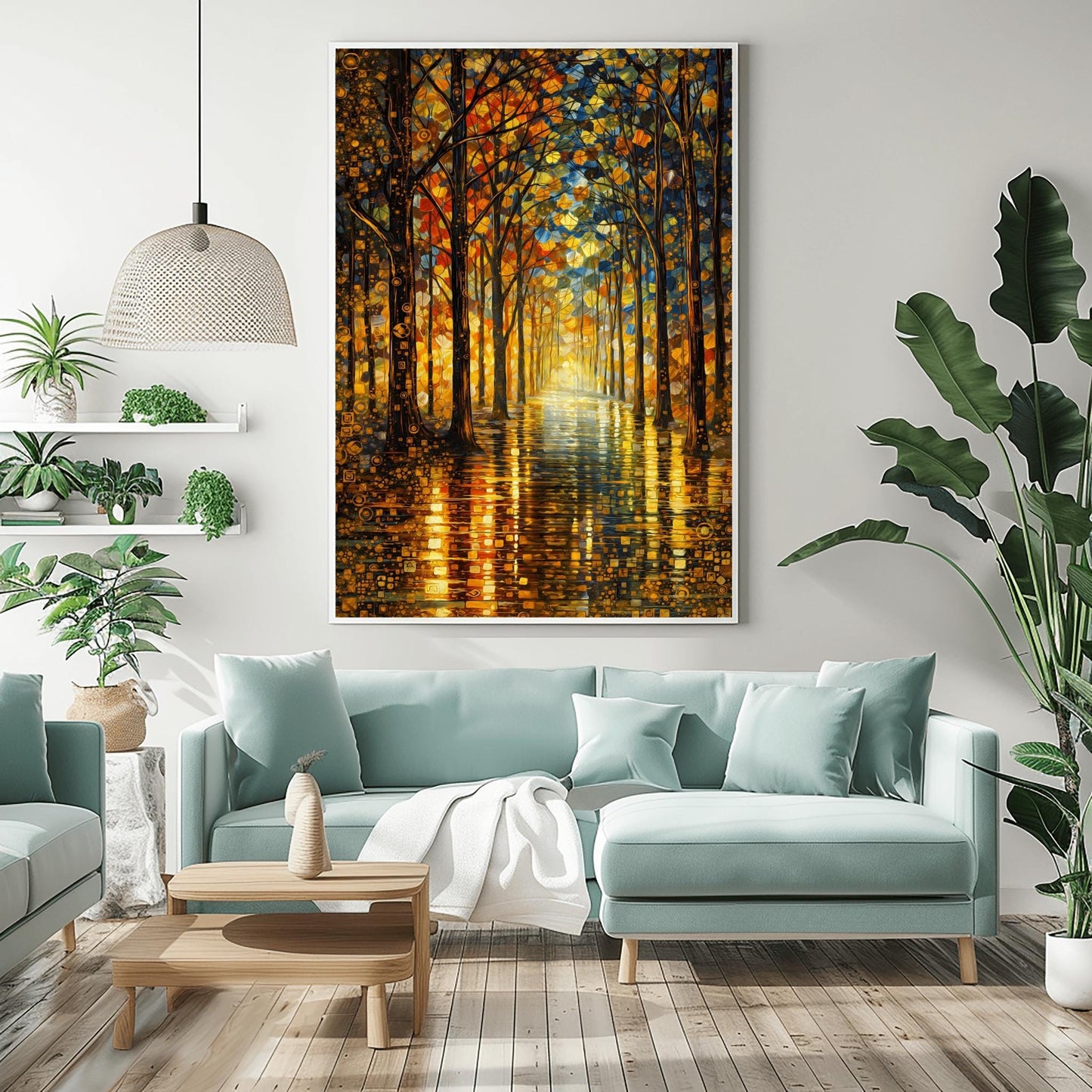 A vertical fine art exhibition poster in the style of Gustav Klimt. A long path leads through a dense forest of tall, slender trees with golden mosaic bark. A brilliant light glows at the end of the path. The leaves are a mix of gold, orange, and blue mosaic dots. Bold black text at the bottom reads "GUSTAV KLIMT."