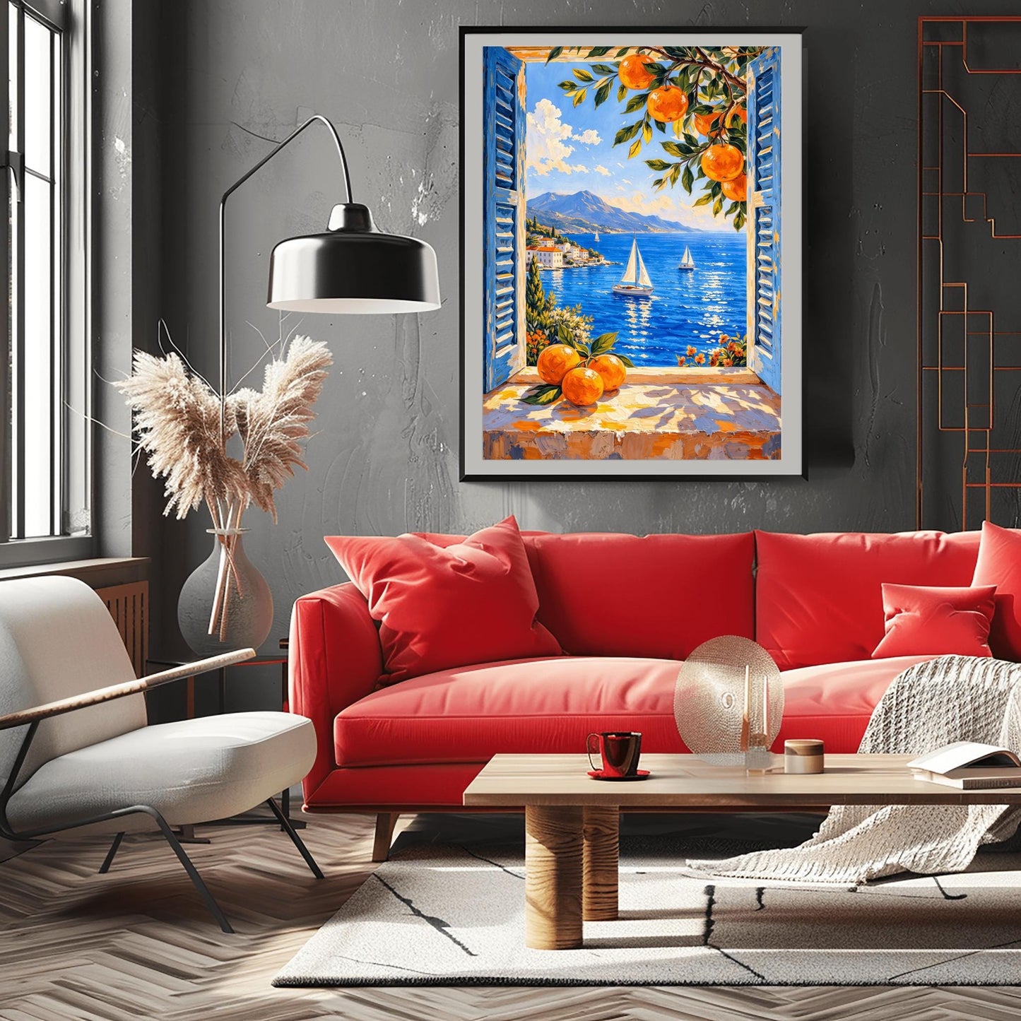 Matisse Coastal Print – Mediterranean Art Print with Blue Shutters & Oranges