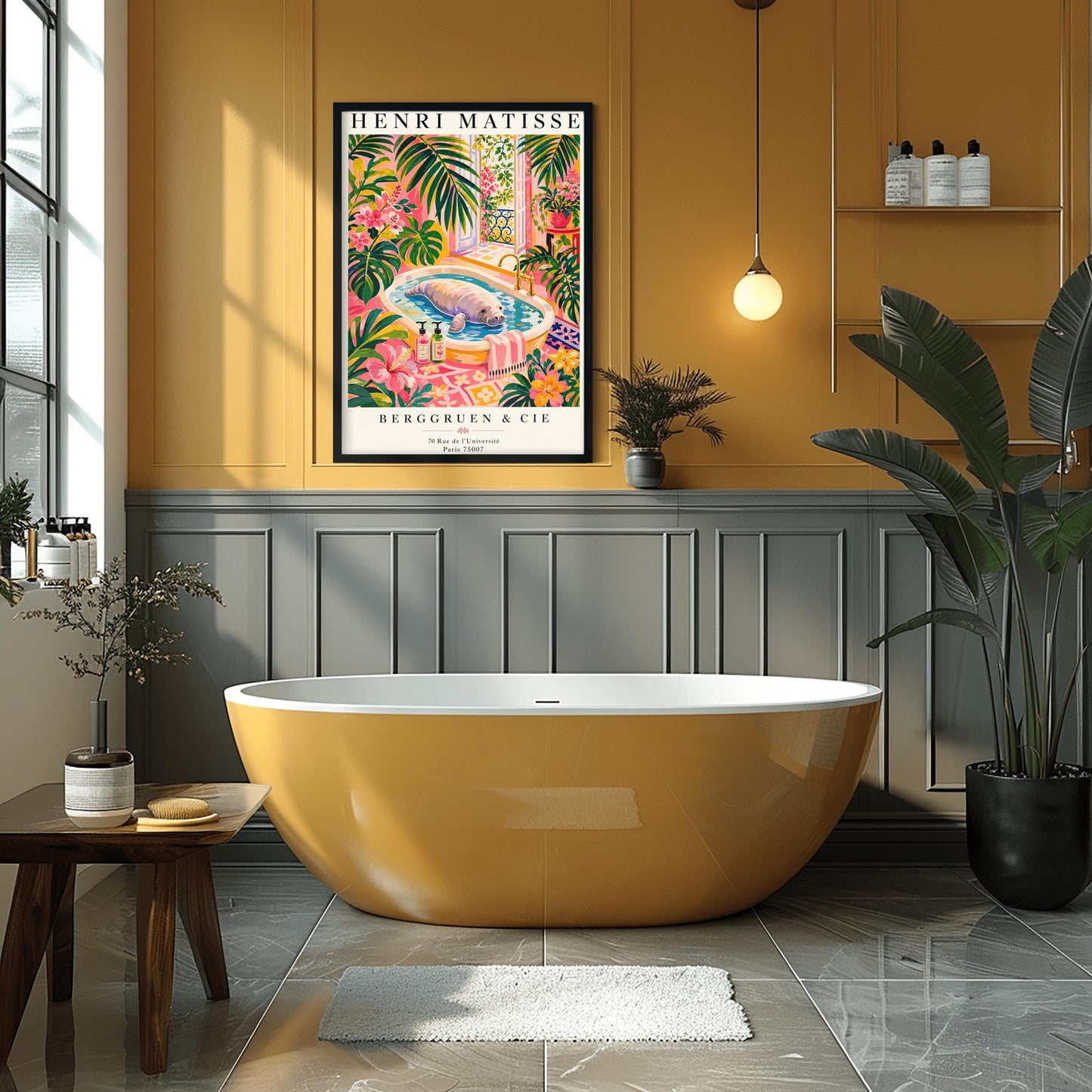 A vertical maximalist art print designed as a Henri Matisse exhibition poster. A large, grey manatee floats peacefully in a white bathtub filled with water. The room is filled with vibrant pink walls, lush green tropical plants, and bright pink hibiscus flowers. An open balcony door in the background shows a Parisian-style wrought-iron railing and pink flowers. Two colorful soap bottles sit on the edge of the tub.