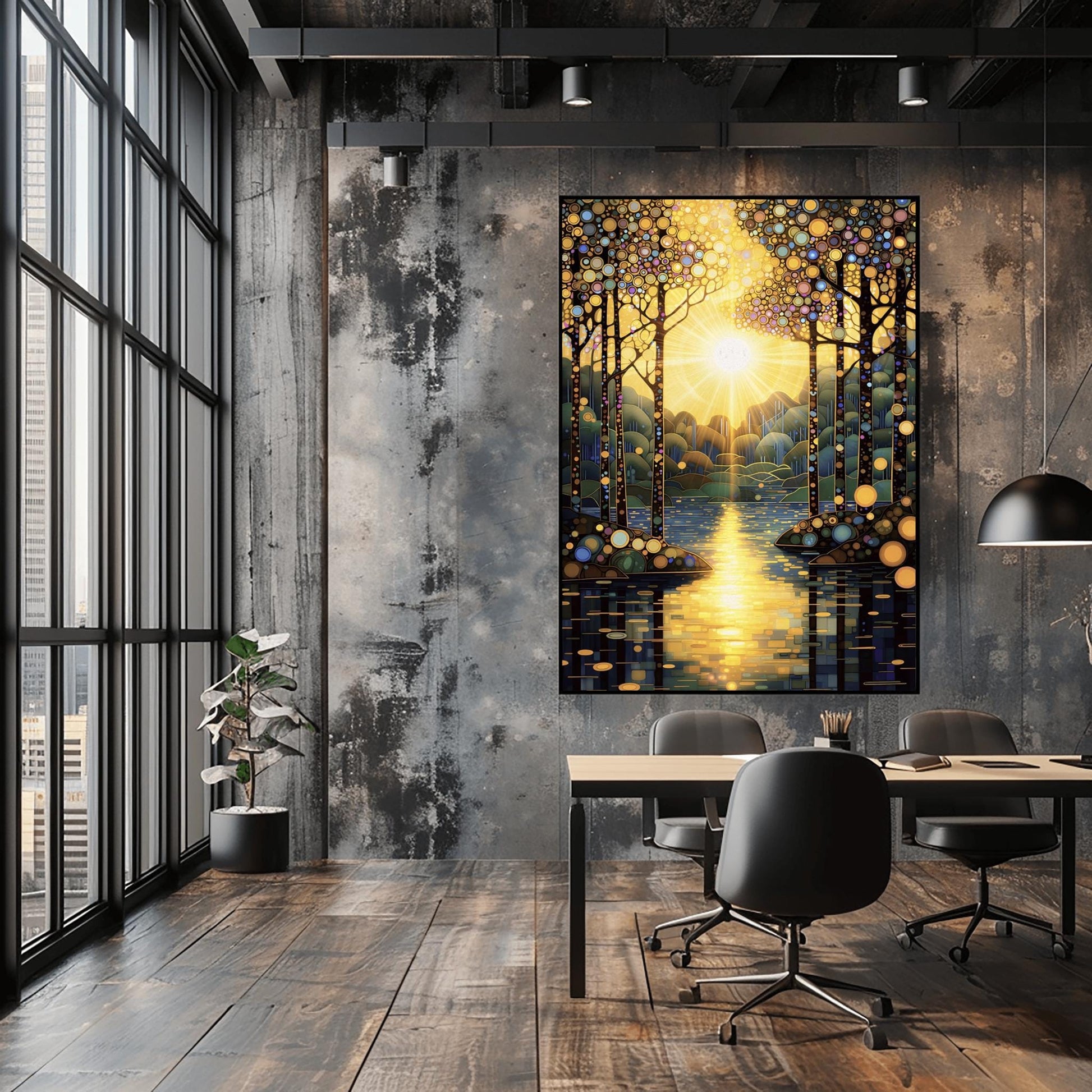 A vertical fine art painting in the style of Gustav Klimt. A brilliant sun is centered in the sky, emitting golden rays that look like stained glass panes. Slender trees with colorful mosaic patterns on their bark frame a calm lake. The water reflects the golden sun in a series of horizontal mosaic tiles. The overall palette is brilliant gold, warm amber, and deep teal.