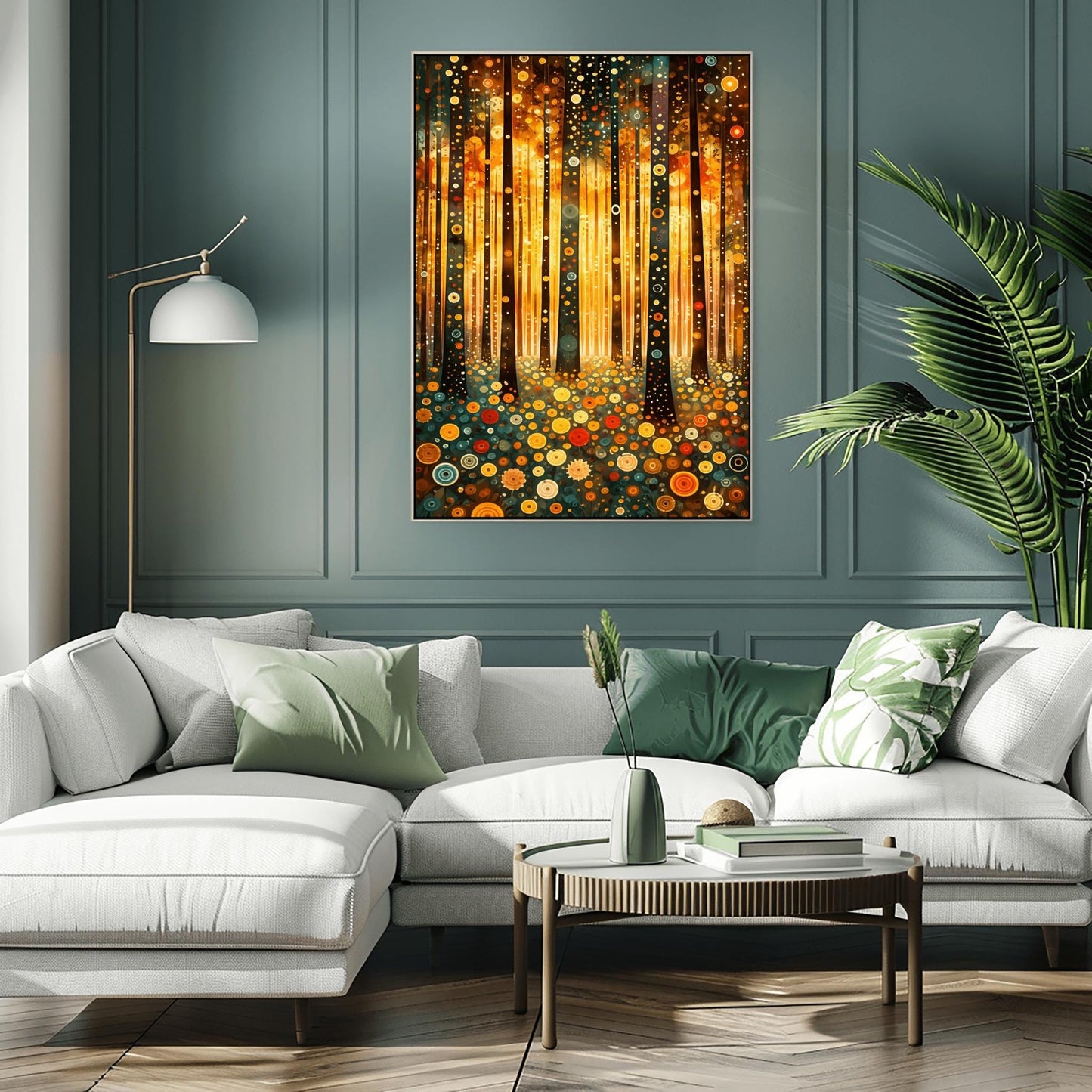 A vertical fine art print in the style of Gustav Klimt. Dark, slender tree trunks are decorated with various golden and colorful concentric circles. The forest floor is covered in similar circular floral patterns. A bright, warm golden light glows from the background, creating a high-contrast, ornate night forest scene.