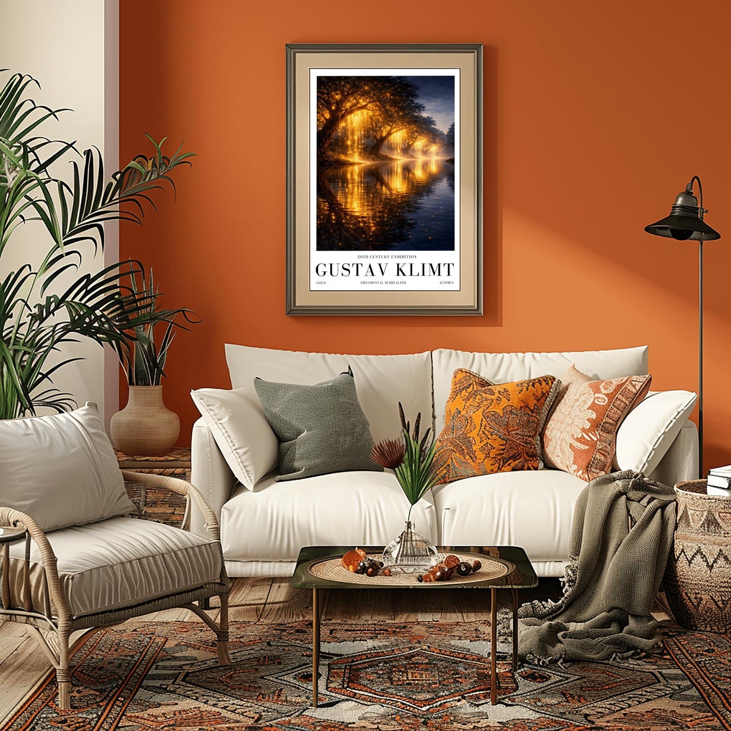 A vertical full-bleed landscape illustration in the style of Gustav Klimt. A row of weeping willow trees with branches made of liquid gold and sparkling embers lines a dark, tranquil river. The golden light reflects brilliantly on the water's surface under a dark twilight sky.