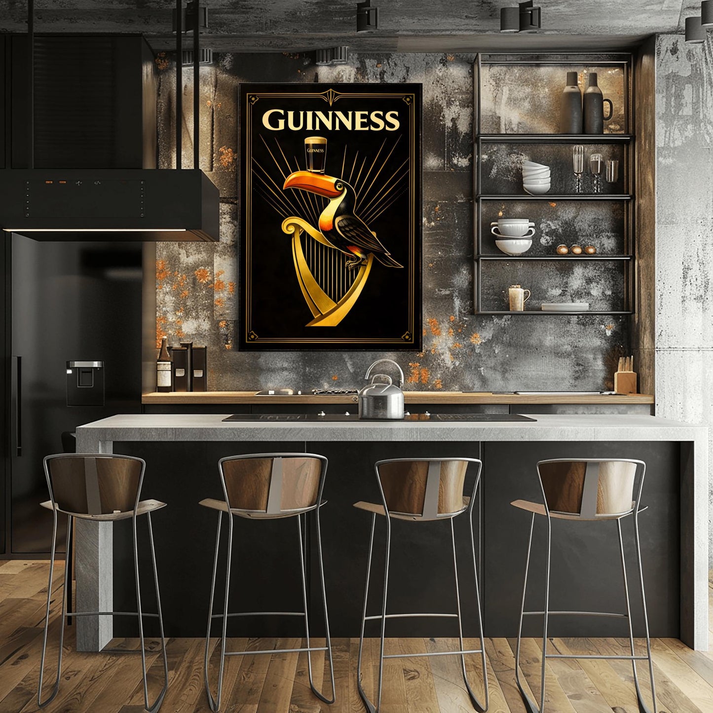 A vertical Art Deco style poster for Guinness. A colorful toucan perches on a large golden harp against a black background. Golden rays of light radiate from behind the toucan, which is balancing a pint of beer on its beak. The word "GUINNESS" is written in large gold letters at the top.