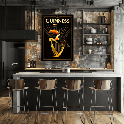 A vertical Art Deco style poster for Guinness. A colorful toucan perches on a large golden harp against a black background. Golden rays of light radiate from behind the toucan, which is balancing a pint of beer on its beak. The word "GUINNESS" is written in large gold letters at the top.