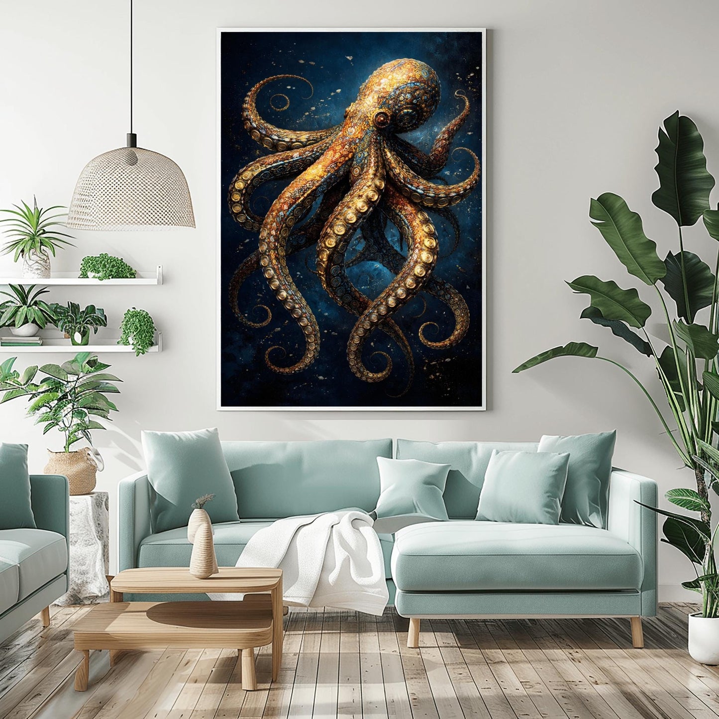 A vertical full-bleed illustration of an octopus in the style of Gustav Klimt. The octopus is decorated with intricate golden mosaic patterns and spirals, floating in a dark navy ocean with tiny sparkling particles. The design is rich in detail and high contrast.