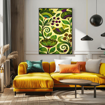 A vertical botanical art print in a modern folk style. A stylized bird with green and purple stripes is perched among thick, swirling green vines and large, pointed leaves. Clusters of dark purple berries and round brown seed pods are scattered throughout the composition. The background is a soft yellow-green, and the entire image is filled with intricate, hand-painted textures and circular patterns.