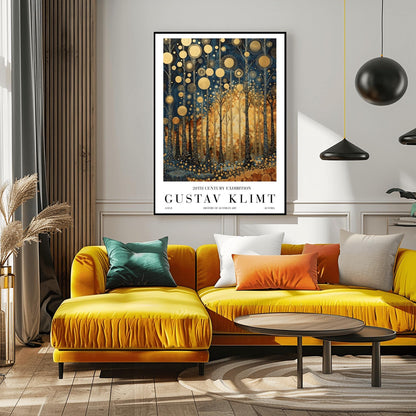 A vertical exhibition-style poster for a Gustav Klimt exhibit. The artwork features tall, slender trees with black bark covered in intricate gold scrolls and geometric patterns. Large, textured golden orbs float in the upper canopy. A warm, glowing light radiates from the center of the forest. The bottom margin features bold text reading "GUSTAV KLIMT" and "20TH CENTURY EXHIBITION."