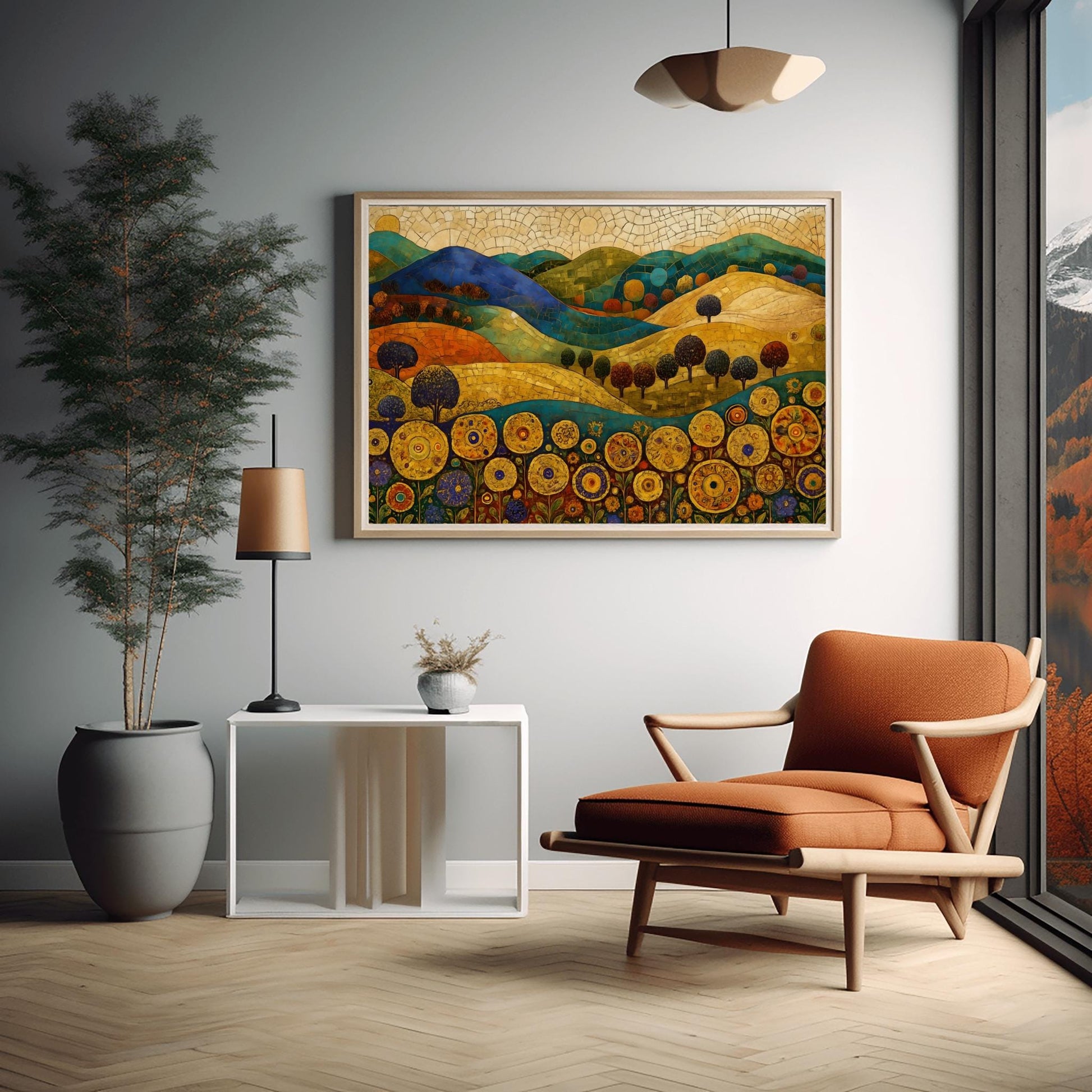 A horizontal fine art painting in the style of Gustav Klimt. Rolling hills in shades of blue, green, and orange are rendered with mosaic tile textures. In the foreground, a row of large, stylized golden sunflowers with intricate geometric centers stands tall. Small, rounded dark trees are scattered across the landscape under a cream-colored mosaic sky.