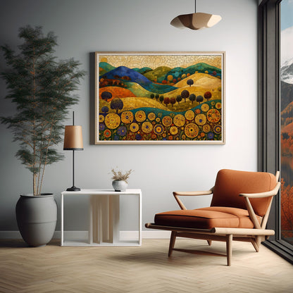 A horizontal fine art painting in the style of Gustav Klimt. Rolling hills in shades of blue, green, and orange are rendered with mosaic tile textures. In the foreground, a row of large, stylized golden sunflowers with intricate geometric centers stands tall. Small, rounded dark trees are scattered across the landscape under a cream-colored mosaic sky.