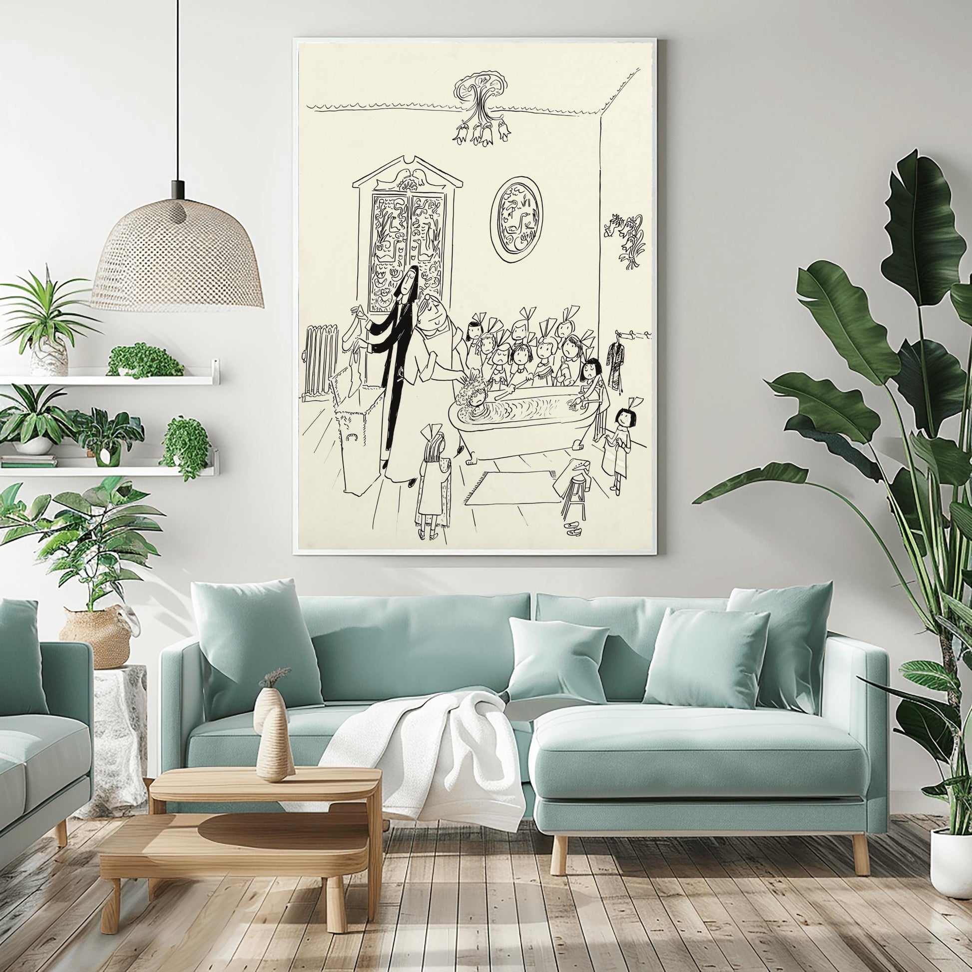 A vertical watercolor-style art print in the style of Ludwig Bemelmans. Several girls are in a large, vintage bathroom. One girl is in a white clawfoot bathtub, while others stand nearby in yellow robes or pajamas. The room features white tiles and a warm, sketchy architectural style. The overall mood is playful and cozy.