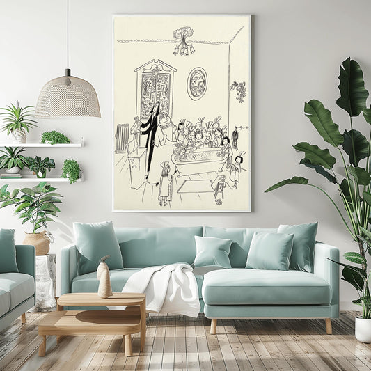 A vertical watercolor-style art print in the style of Ludwig Bemelmans. Several girls are in a large, vintage bathroom. One girl is in a white clawfoot bathtub, while others stand nearby in yellow robes or pajamas. The room features white tiles and a warm, sketchy architectural style. The overall mood is playful and cozy.