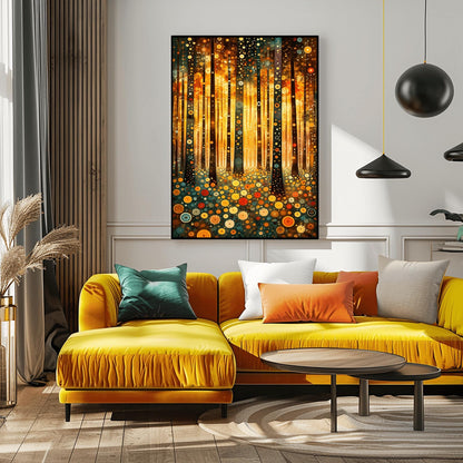 A vertical fine art print in the style of Gustav Klimt. Dark, slender tree trunks are decorated with various golden and colorful concentric circles. The forest floor is covered in similar circular floral patterns. A bright, warm golden light glows from the background, creating a high-contrast, ornate night forest scene.