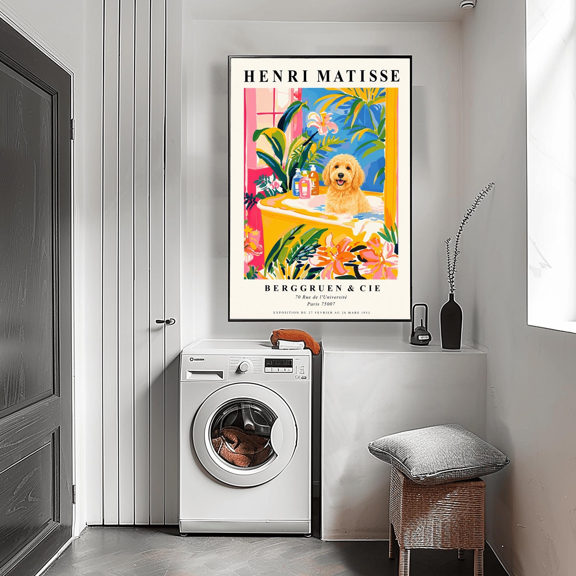 A vertical minimalist fine art exhibition poster in the style of Henri Matisse, shown framed on a wall above a luxury white bathtub. The poster has a wide white border with bold black text reading "HENRI MATISSE" and "BERGGRUEN & CIE". In the center painting, a fluffy golden doodle dog sits happily inside a yellow bathtub surrounded by vibrant pink, blue, and green tropical plants and orange flowers.