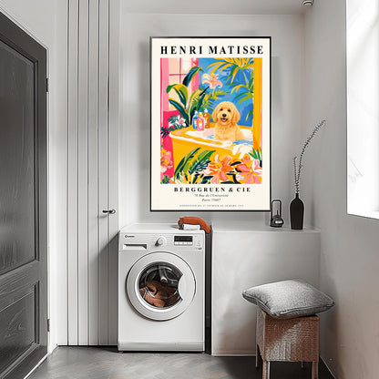 A vertical minimalist fine art exhibition poster in the style of Henri Matisse, shown framed on a wall above a luxury white bathtub. The poster has a wide white border with bold black text reading "HENRI MATISSE" and "BERGGRUEN & CIE". In the center painting, a fluffy golden doodle dog sits happily inside a yellow bathtub surrounded by vibrant pink, blue, and green tropical plants and orange flowers.