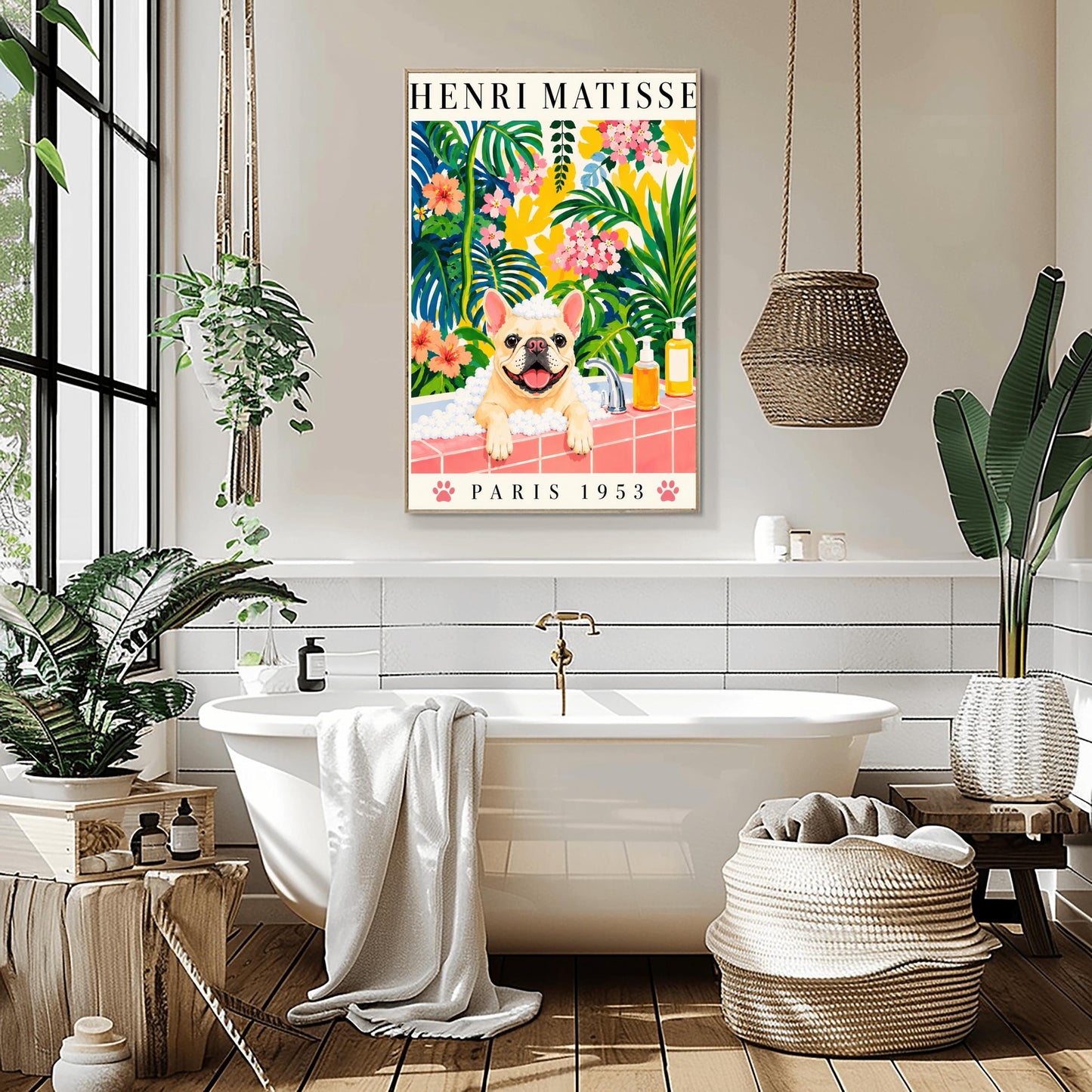 A vertical fine art exhibition poster in the style of Henri Matisse featuring a wide cream border. Bold black text reads "HENRI MATISSE" at the top and "PARIS 1953" at the bottom with two pink paw prints. The colorful painting inside depicts a cream French bulldog sitting in a bubble bath behind a pink tiled ledge, surrounded by a dense backdrop of green and blue tropical leaves, pink flowers, and yellow patterns.