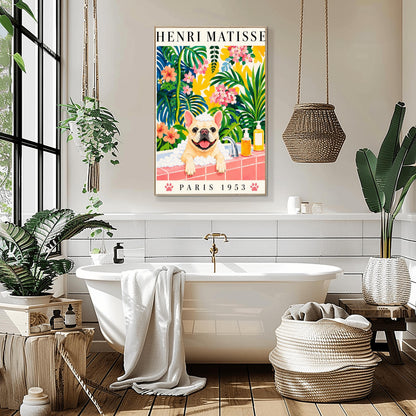 A vertical fine art exhibition poster in the style of Henri Matisse featuring a wide cream border. Bold black text reads "HENRI MATISSE" at the top and "PARIS 1953" at the bottom with two pink paw prints. The colorful painting inside depicts a cream French bulldog sitting in a bubble bath behind a pink tiled ledge, surrounded by a dense backdrop of green and blue tropical leaves, pink flowers, and yellow patterns.