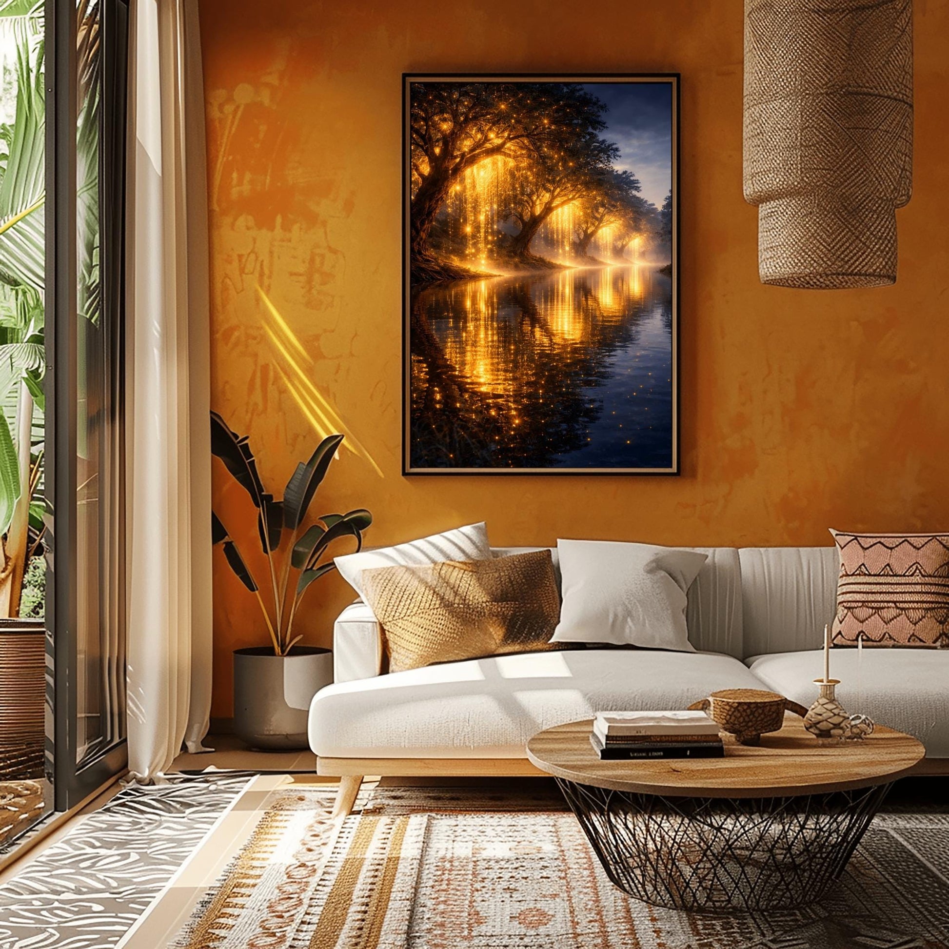 A vertical full-bleed landscape illustration in the style of Gustav Klimt. A row of weeping willow trees with branches made of liquid gold and sparkling embers lines a dark, tranquil river. The golden light reflects brilliantly on the water's surface under a dark twilight sky.