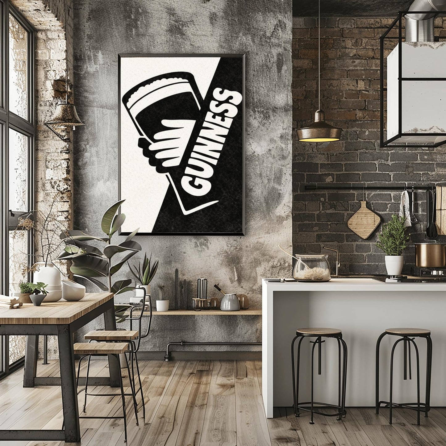 A vertical minimalist graphic divided diagonally into cream and black sections. A white hand holds a pint of Guinness against the black side. The word "GUINNESS" is written vertically in bold white text along the diagonal split.