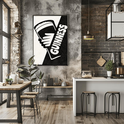 A vertical minimalist graphic divided diagonally into cream and black sections. A white hand holds a pint of Guinness against the black side. The word "GUINNESS" is written vertically in bold white text along the diagonal split.