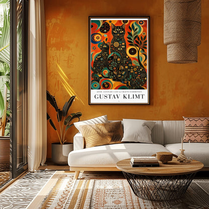 A vertical art print in the style of Gustav Klimt. Three black cats are positioned together, their bodies covered in intricate colorful mosaics of circles, squares, and eye symbols in gold, teal, and red. The background is a vibrant abstract of swirling orange, red, and yellow patterns with a stylized black tree to the right. The bottom of the poster features clean black text that reads "20th Century Cats & Crafts Exhibition" and "Gustav Klimt."