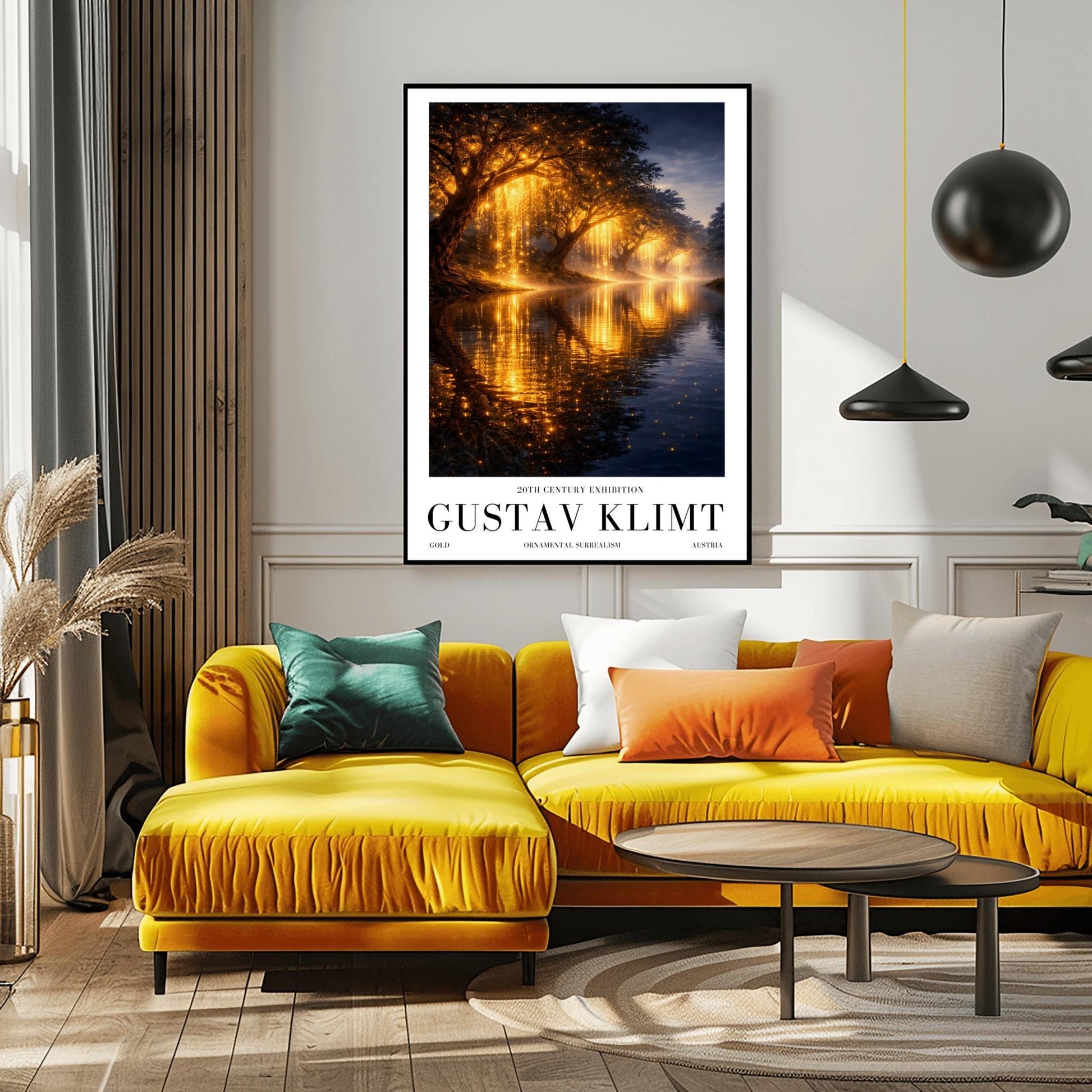 A vertical full-bleed landscape illustration in the style of Gustav Klimt. A row of weeping willow trees with branches made of liquid gold and sparkling embers lines a dark, tranquil river. The golden light reflects brilliantly on the water's surface under a dark twilight sky.